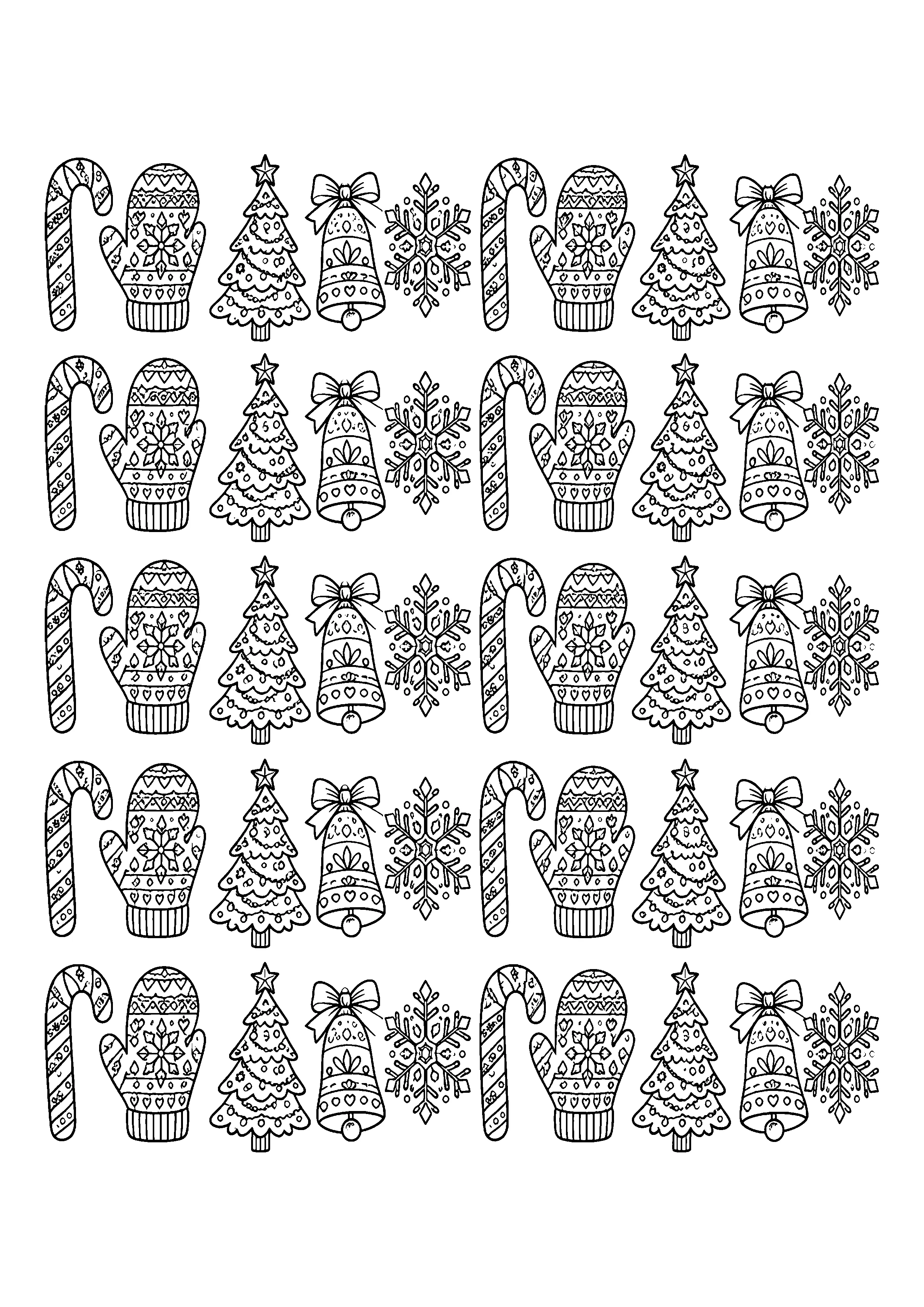 Christmas pattern with candy canes and mittens coloring page, printable line art