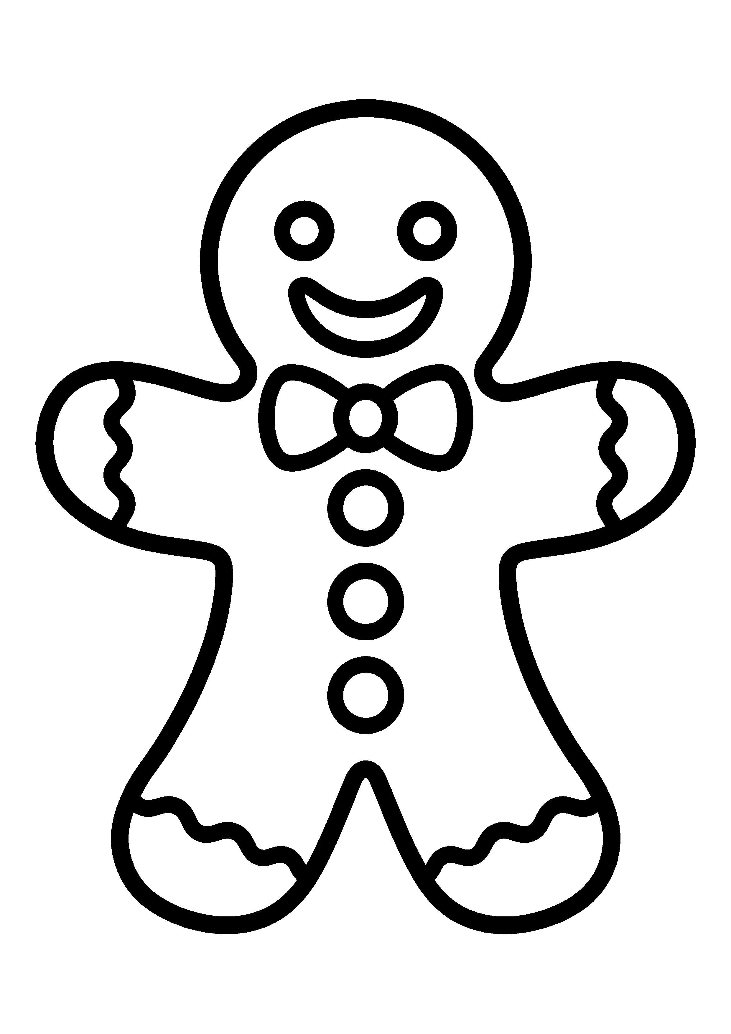 Gingerbread man with bow tie coloring page, printable line art