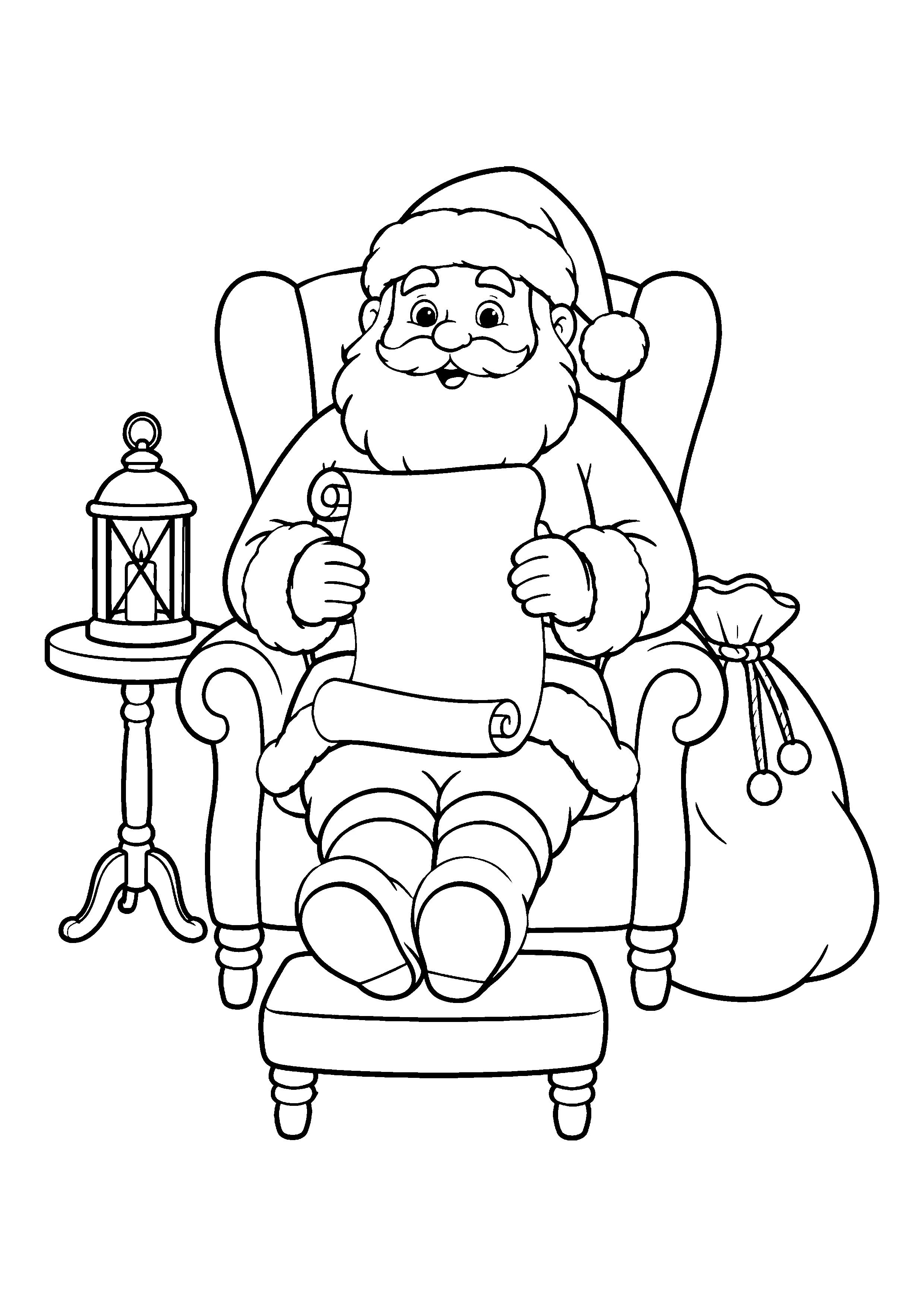 Santa reading a scroll in an armchair coloring page, printable line art