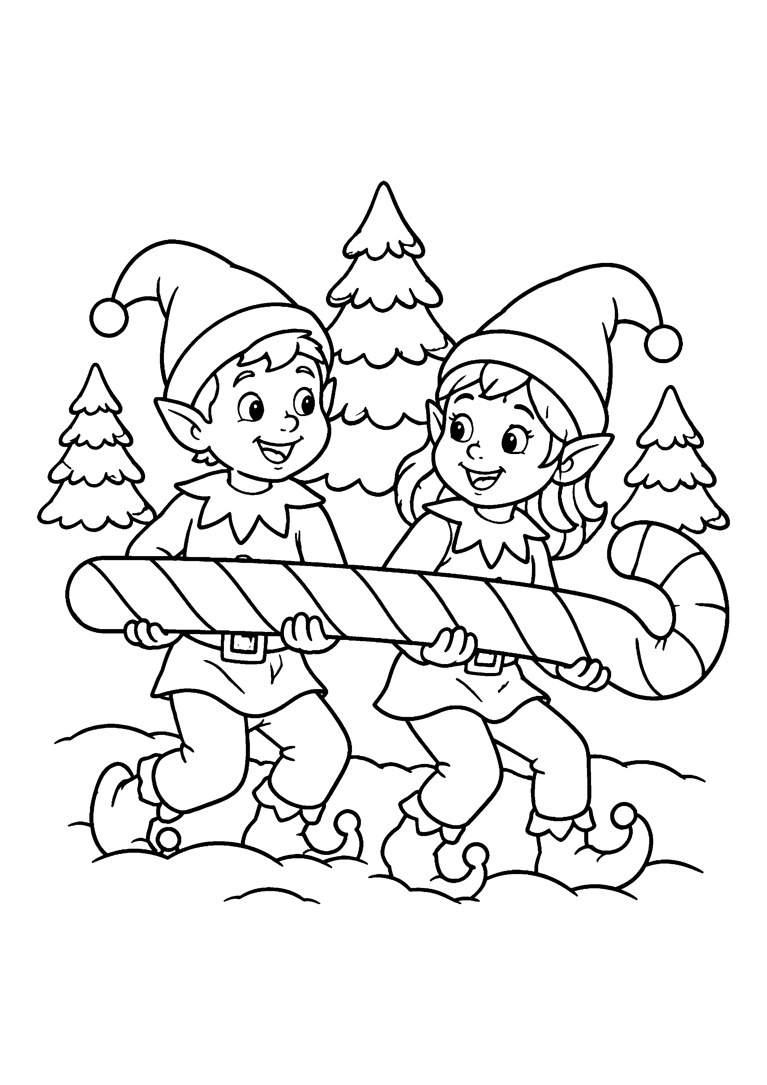 Elves carrying a candy cane coloring page, printable line art