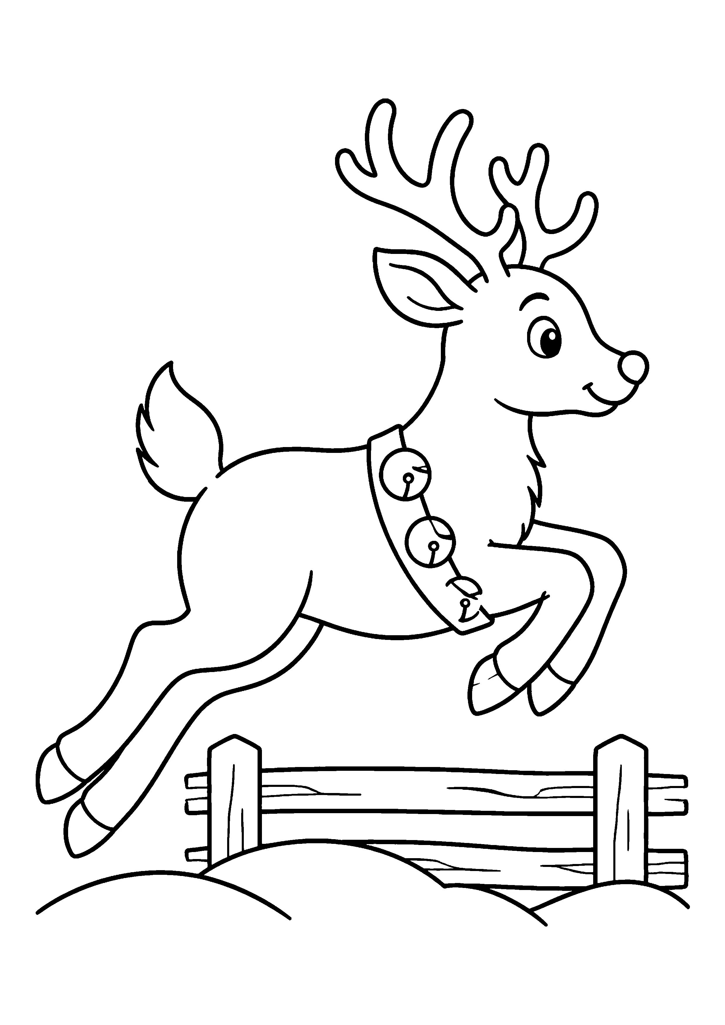 Reindeer leaping over snowdrift coloring page, printable line art