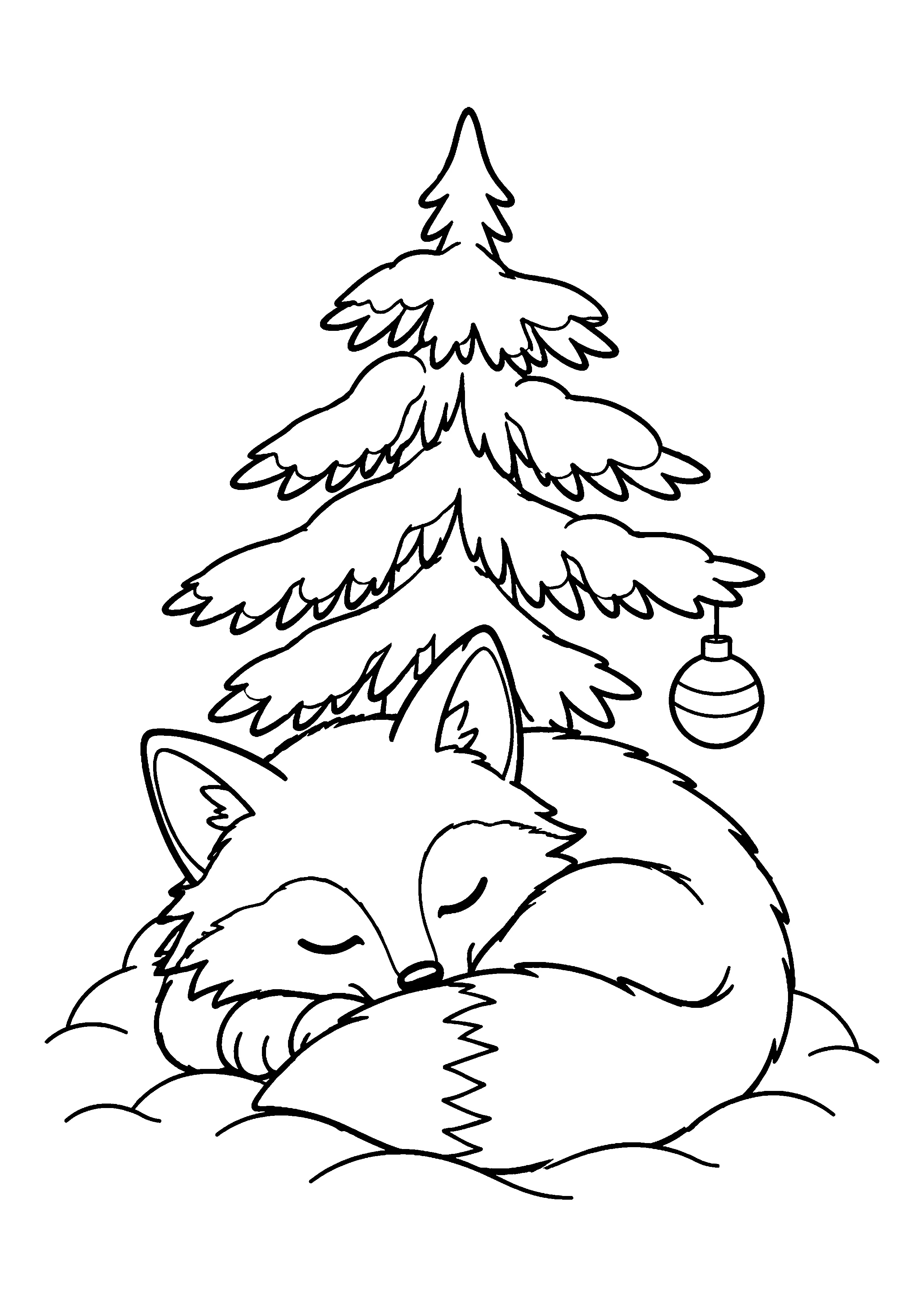 Fox asleep under fir coloring page, printable line art