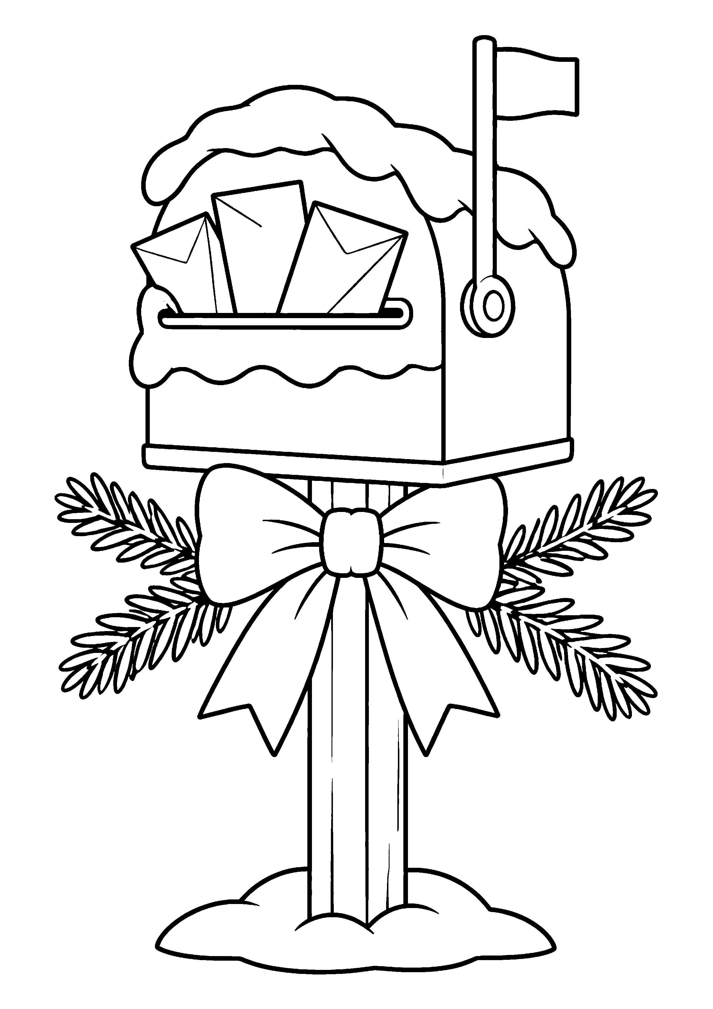 Snow-topped mailbox with letters coloring page, printable line art