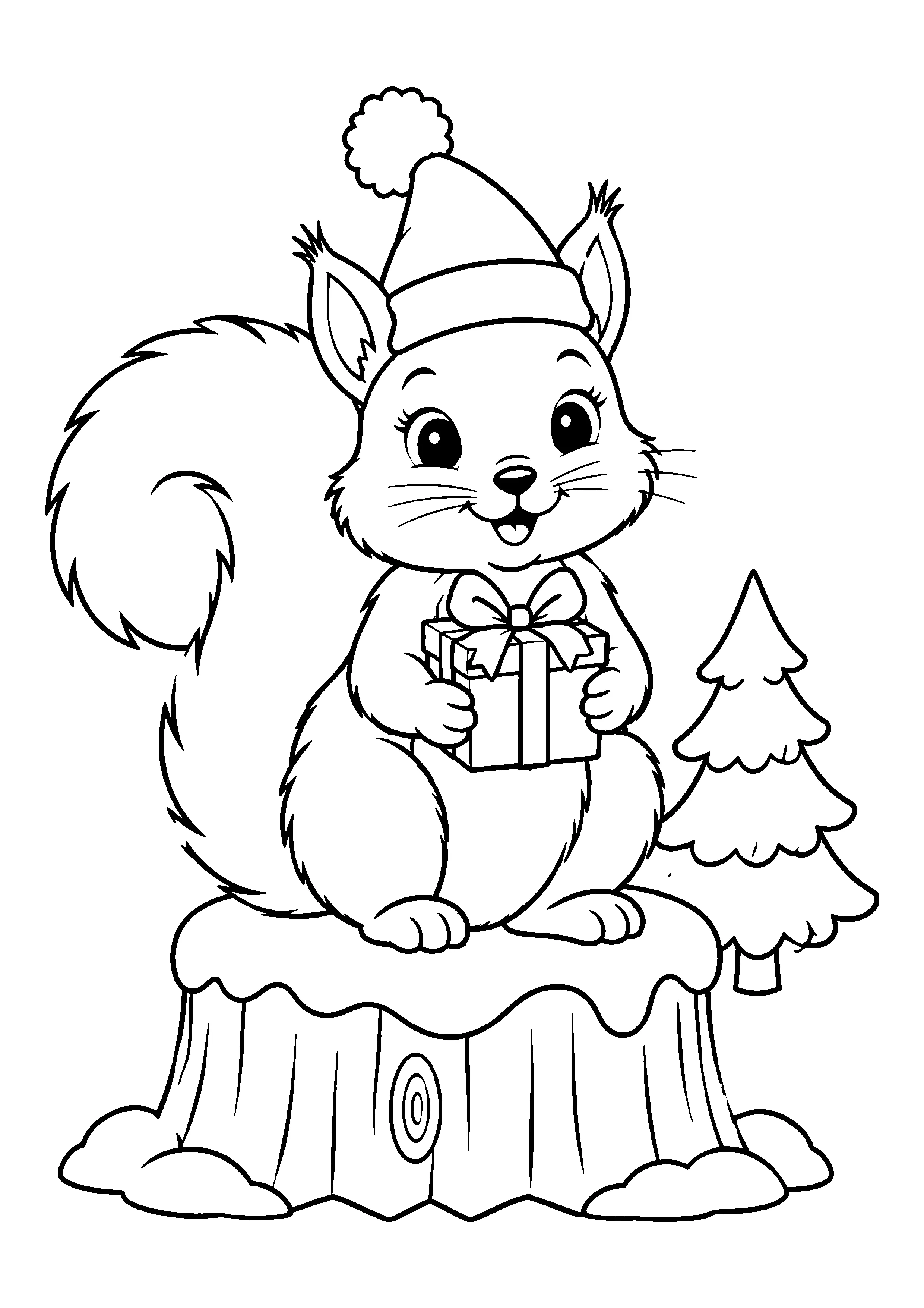 Squirrel with gift on stump coloring page, printable line art