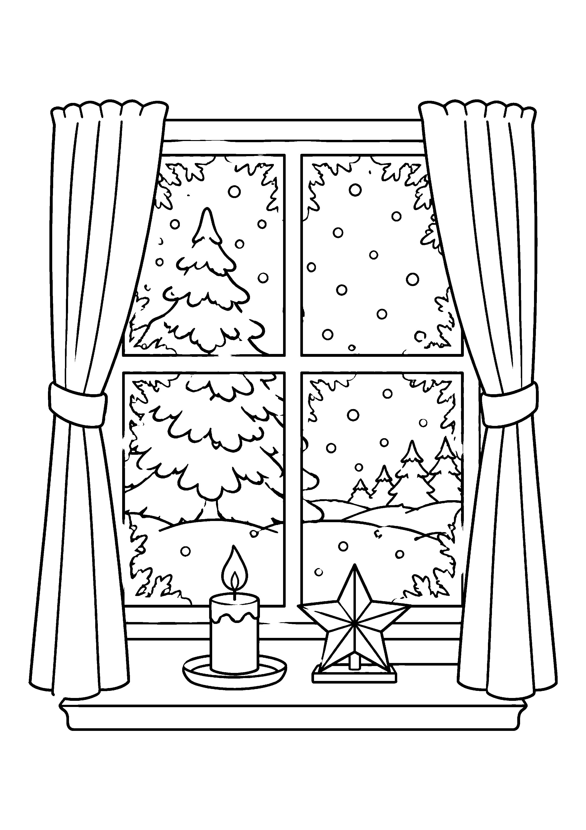 Window with candle and star coloring page, printable line art