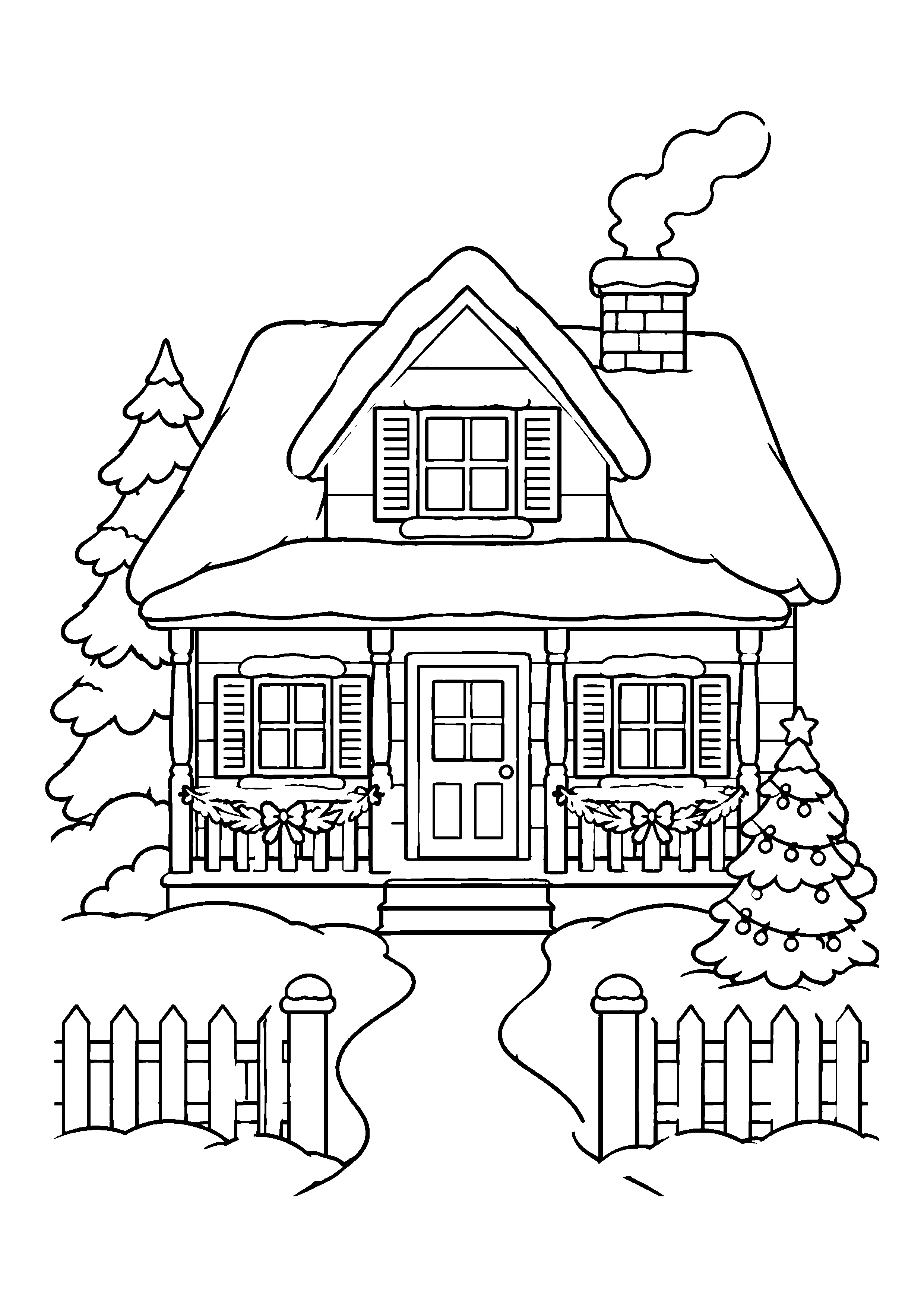 Snowy Christmas cottage coloring page, printable line art
