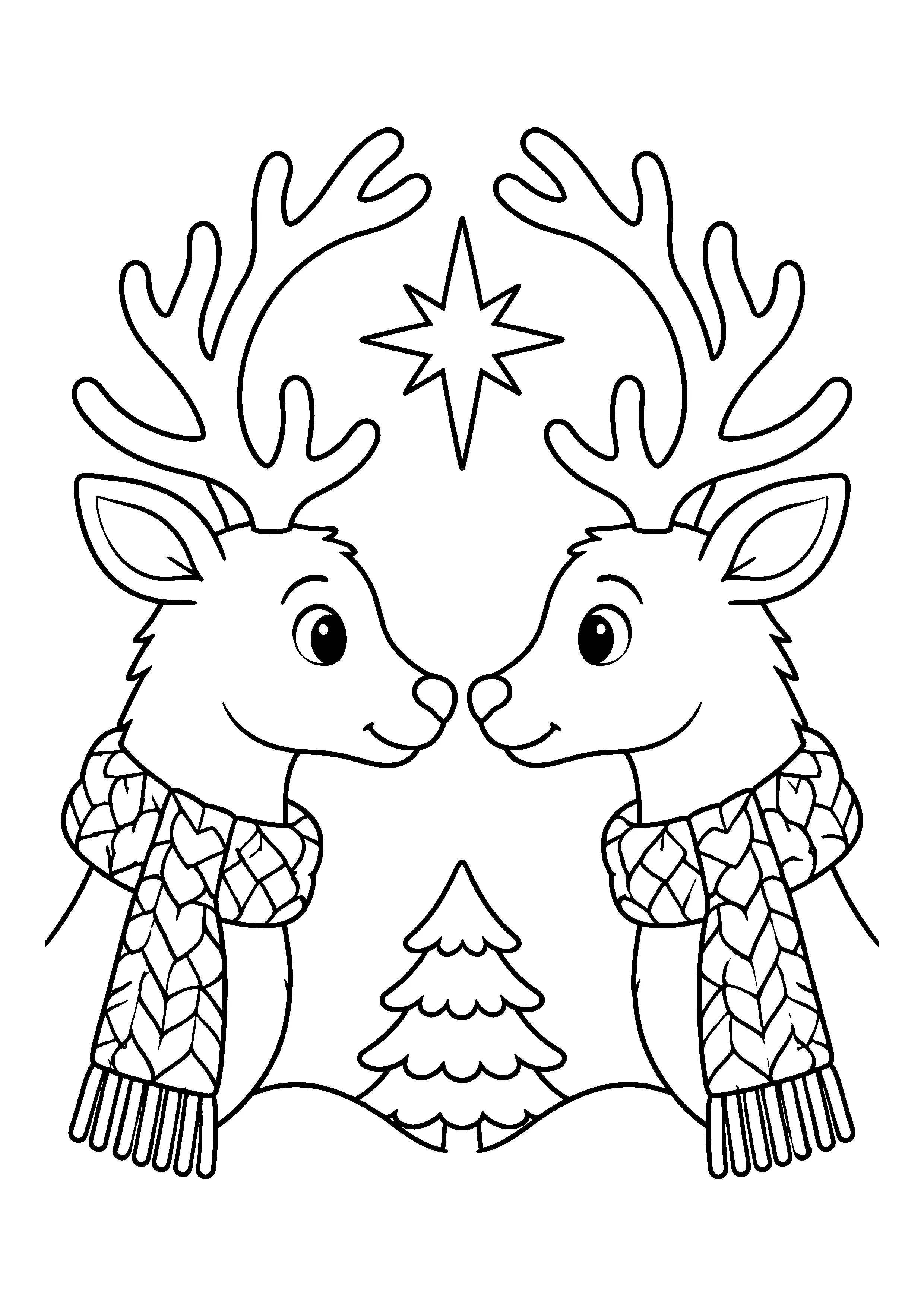 Two reindeer with knitted scarves coloring page, printable line art