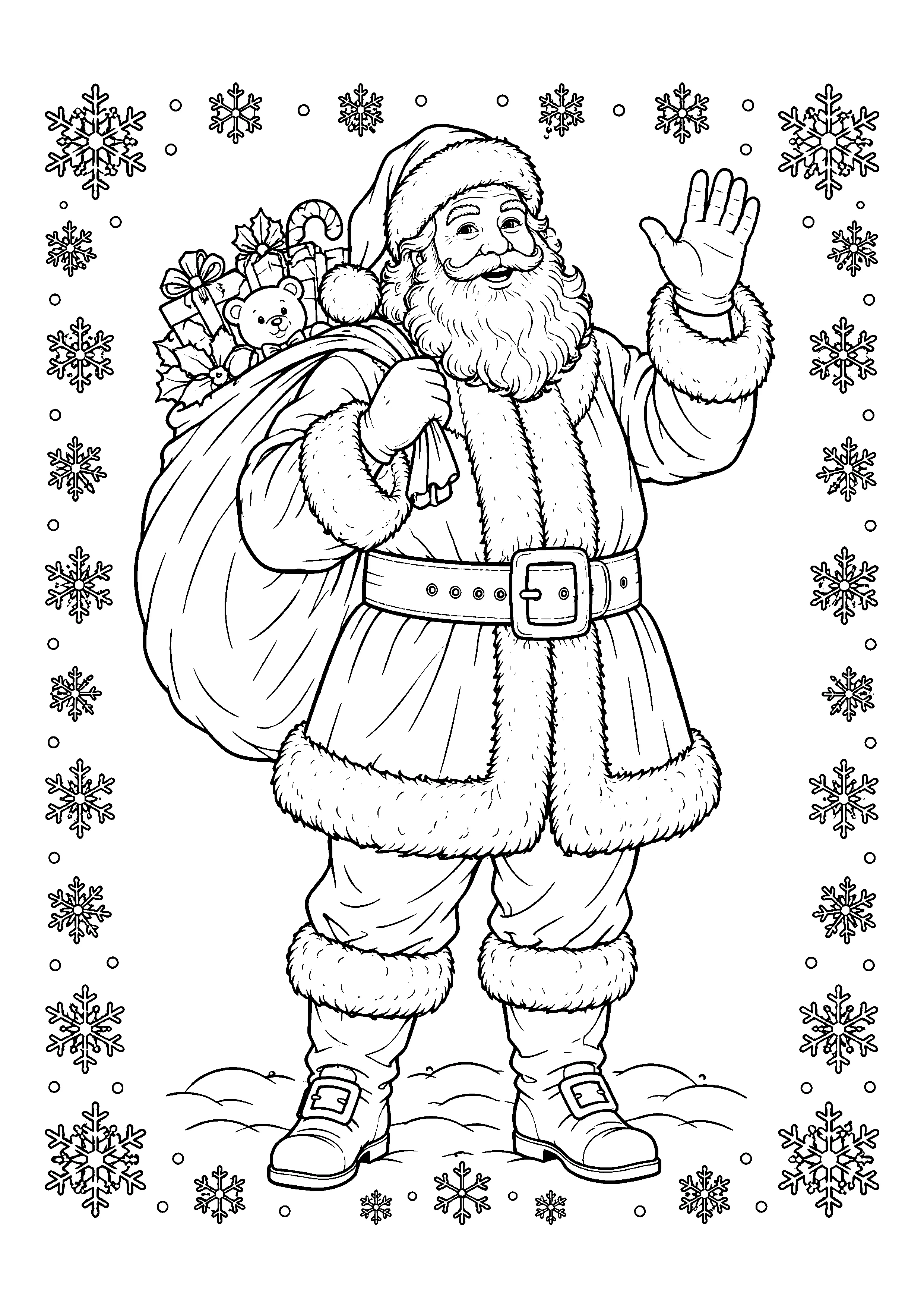 Santa with gift sack waving coloring page, printable line art