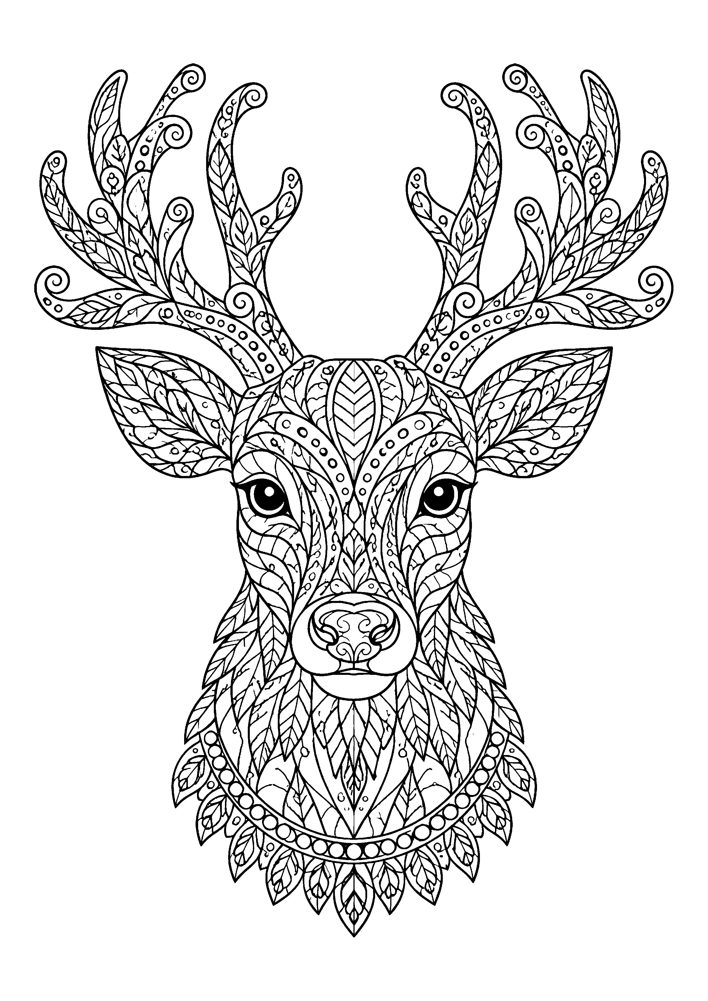 Zentangle reindeer head coloring page, printable line art