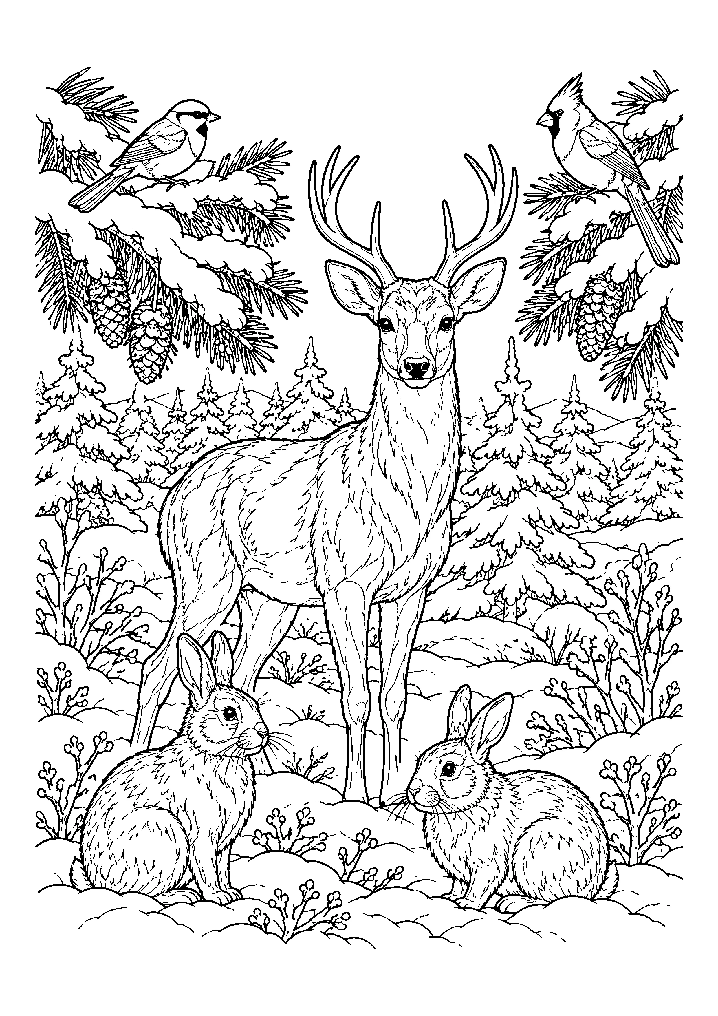 Deer and rabbits in snowy forest coloring page, printable line art