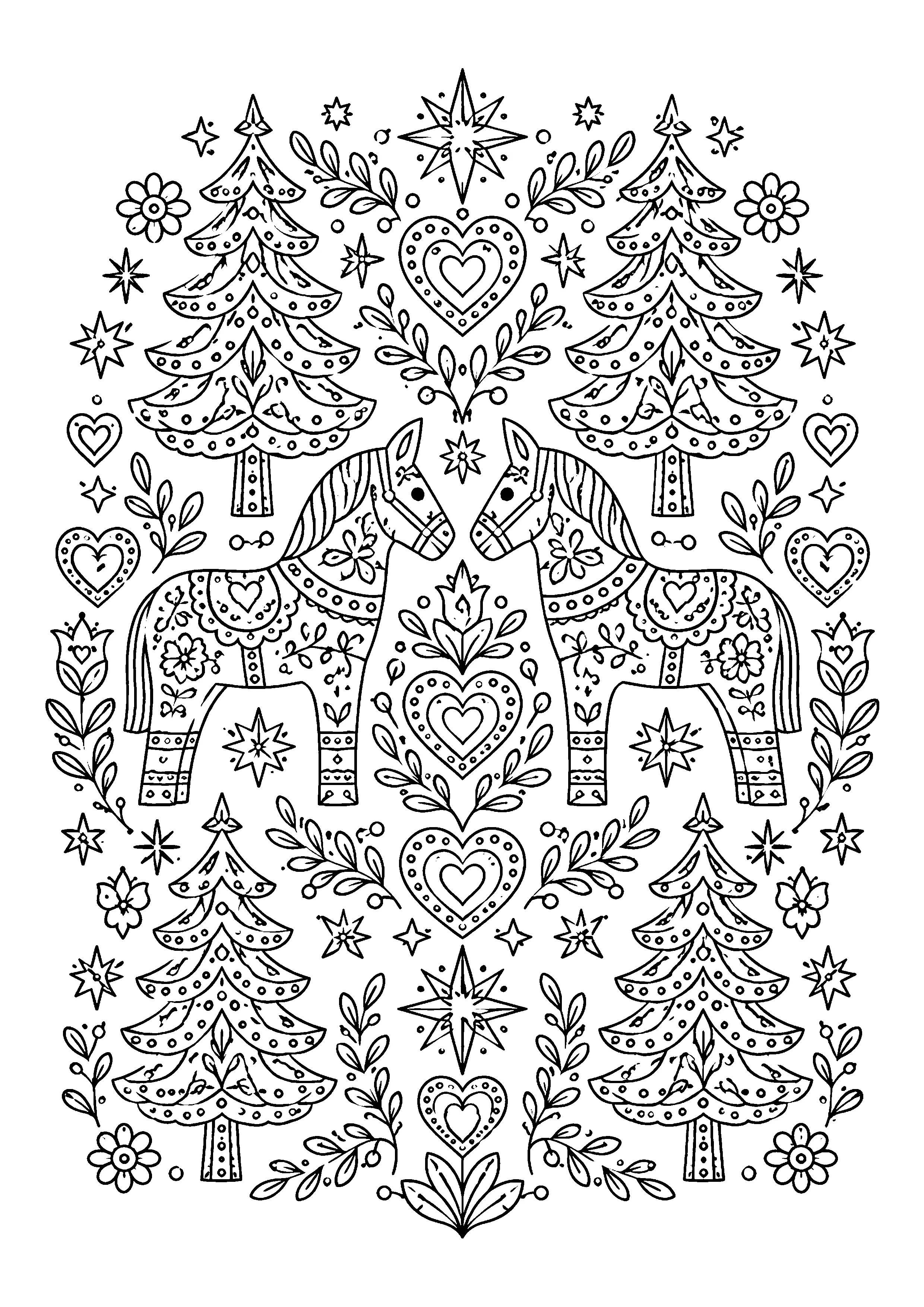 Folk art Christmas horses coloring page, printable line art