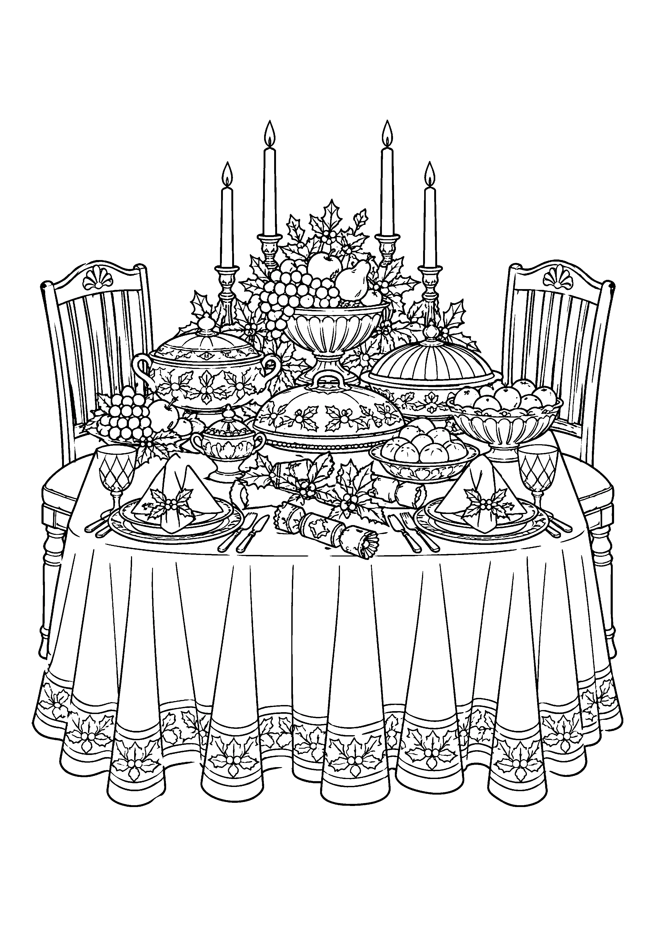 Festive Christmas dinner table coloring page, printable line art
