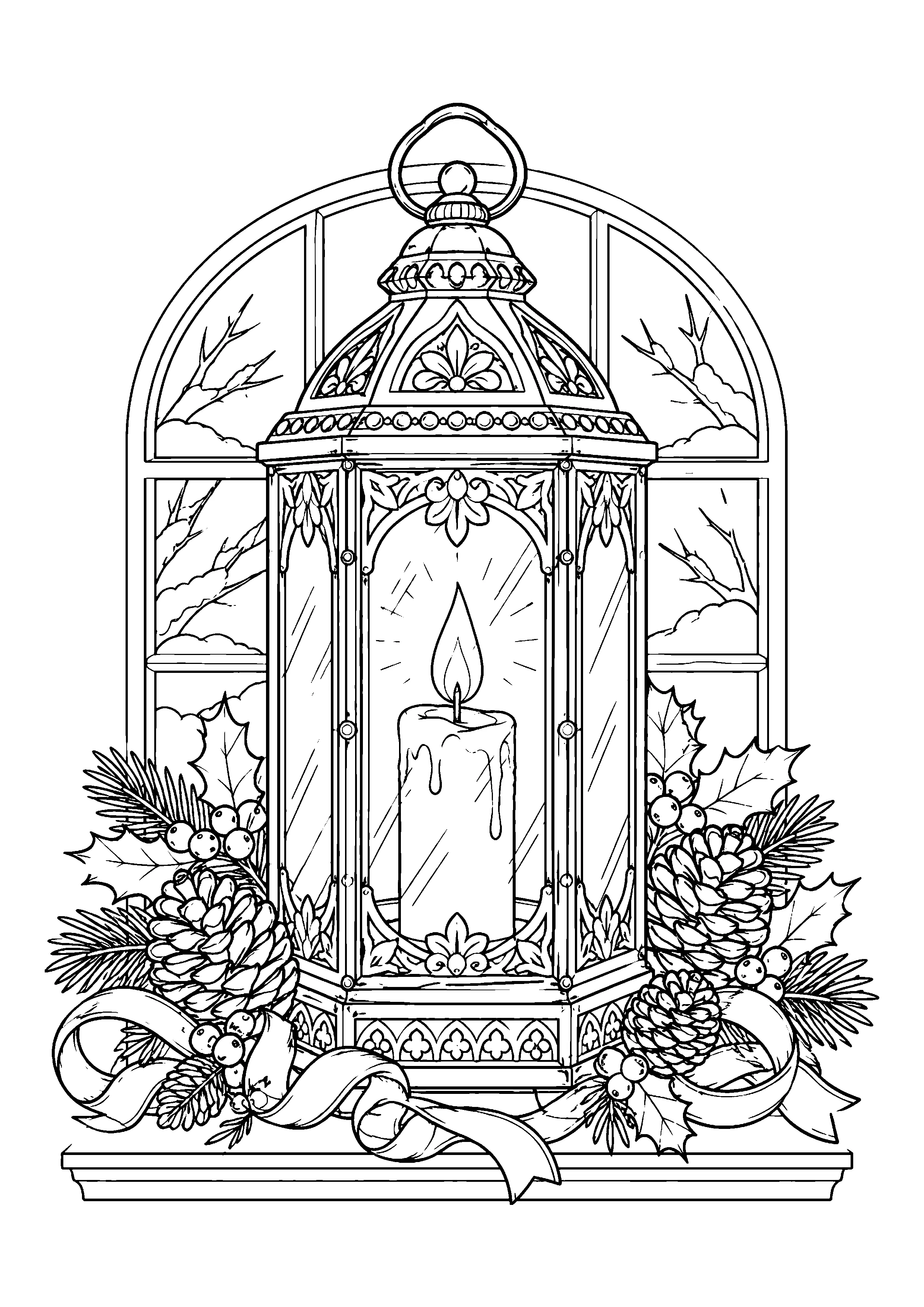 Christmas lantern on windowsill coloring page, printable line art