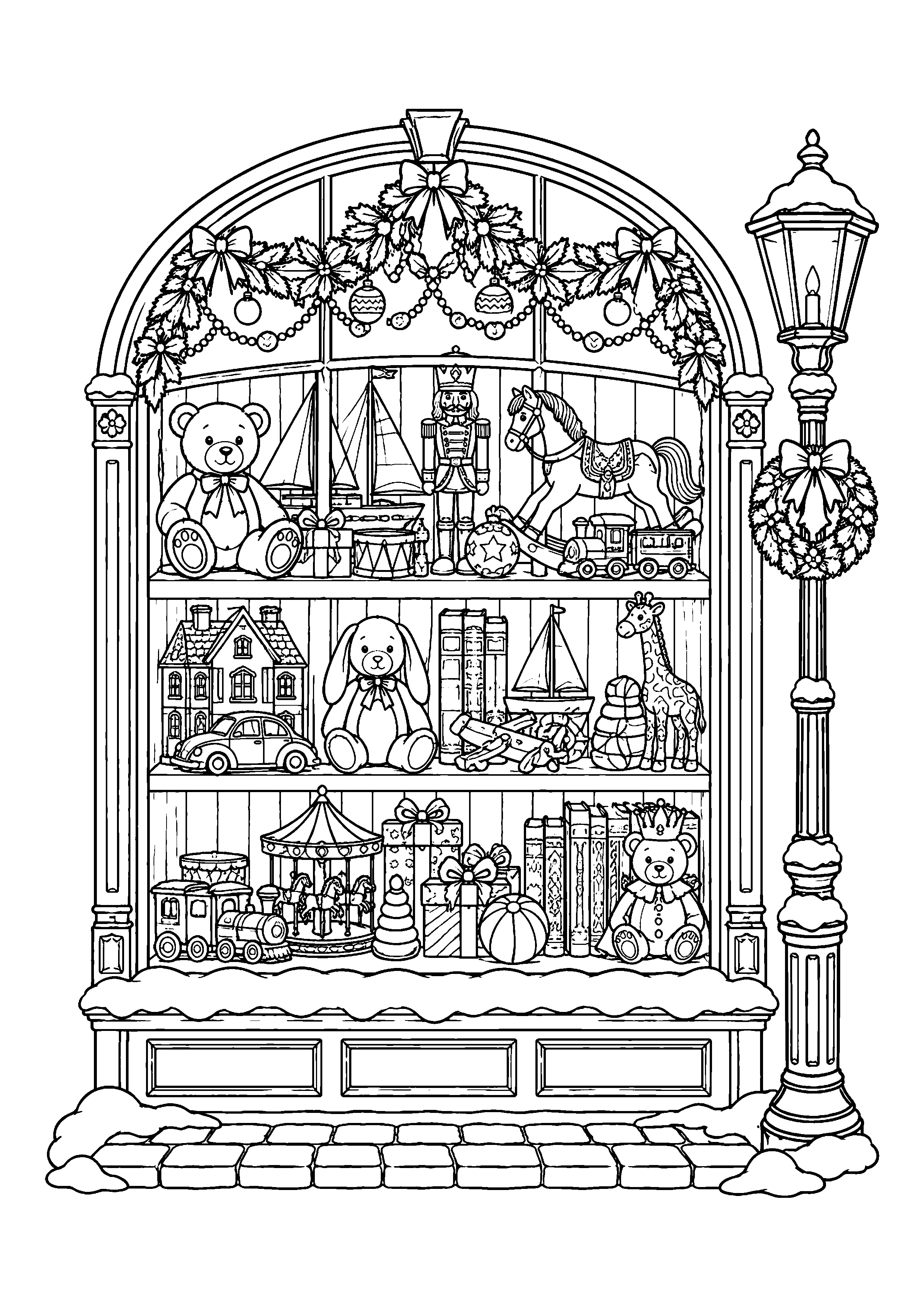 Christmas toy shop window coloring page, printable line art