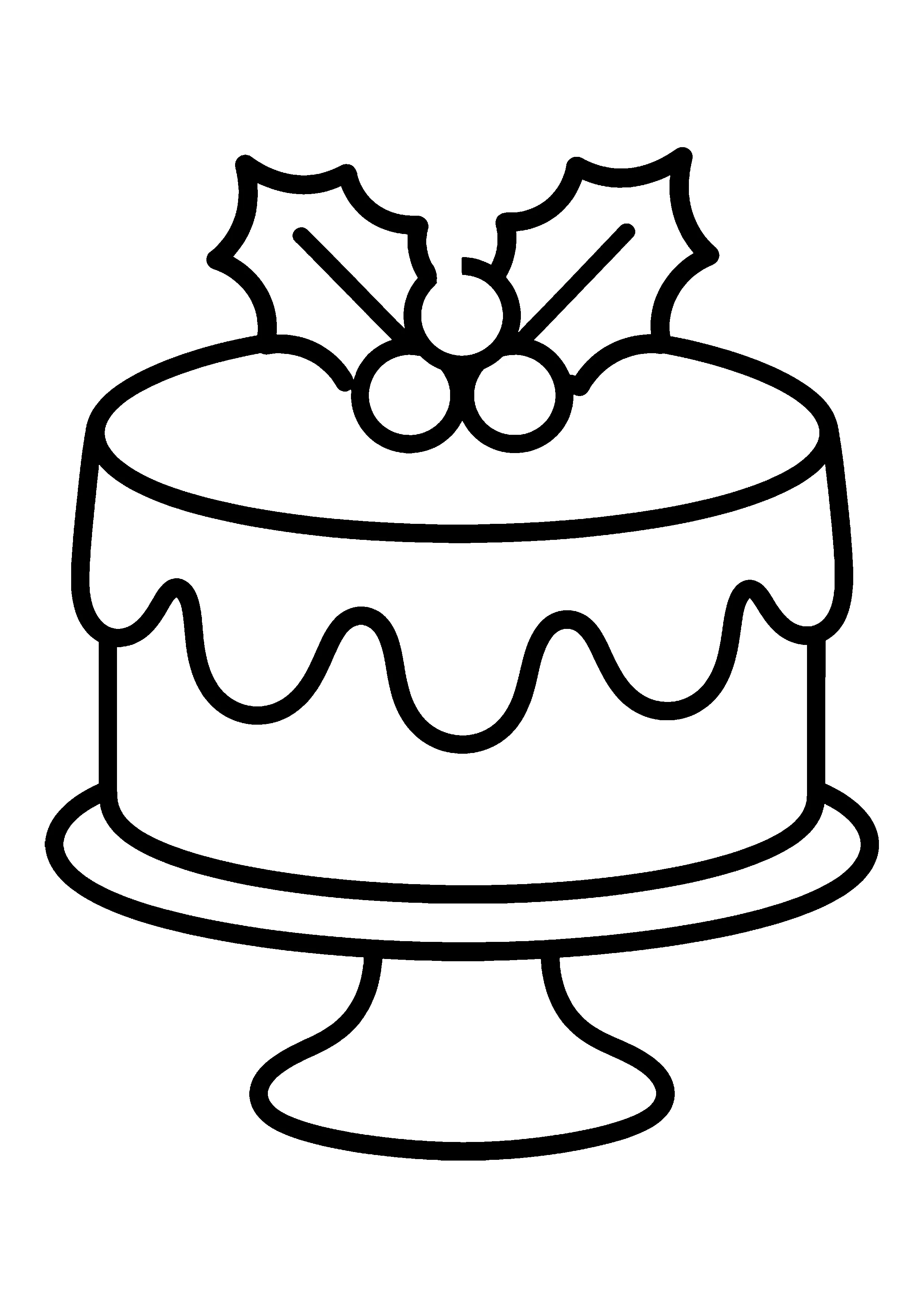 Christmas cake with holly coloring page, printable line art