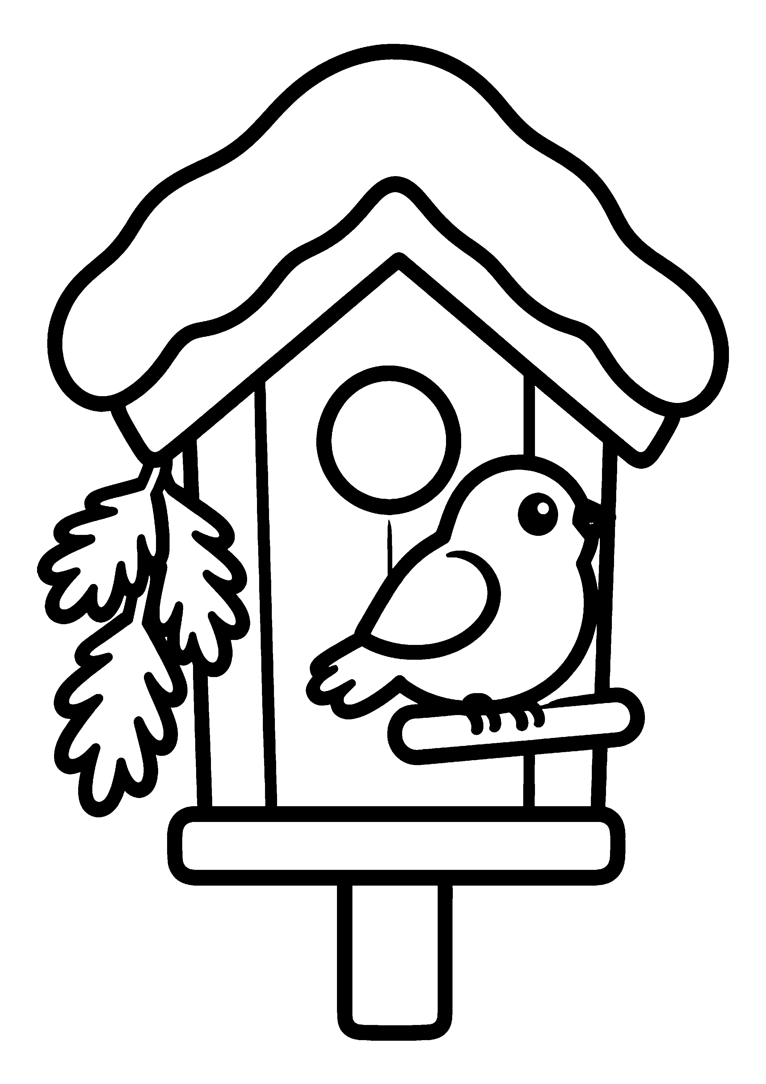 Bird on snowy birdhouse coloring page, printable line art