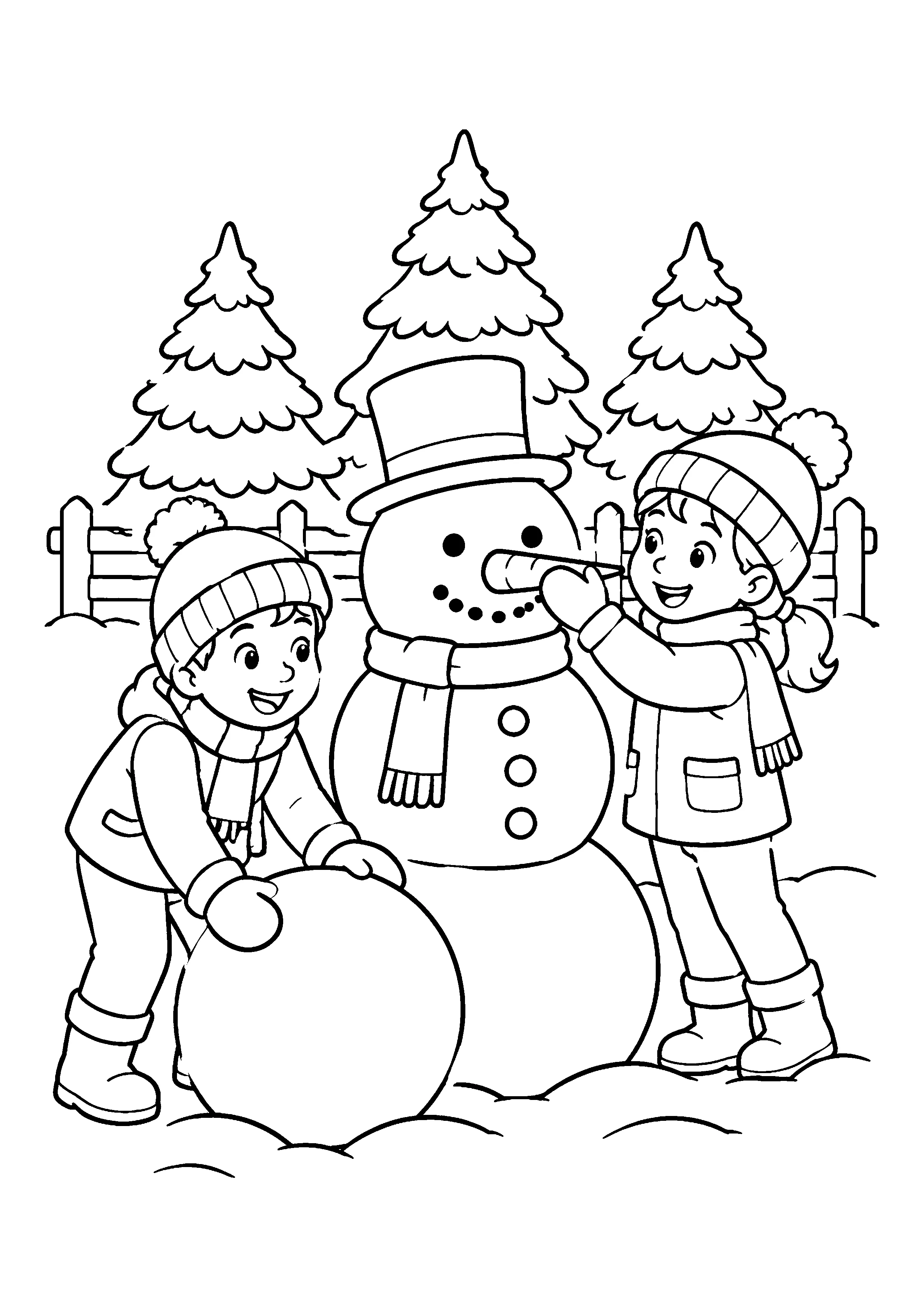 Children building a snowman coloring page, printable line art