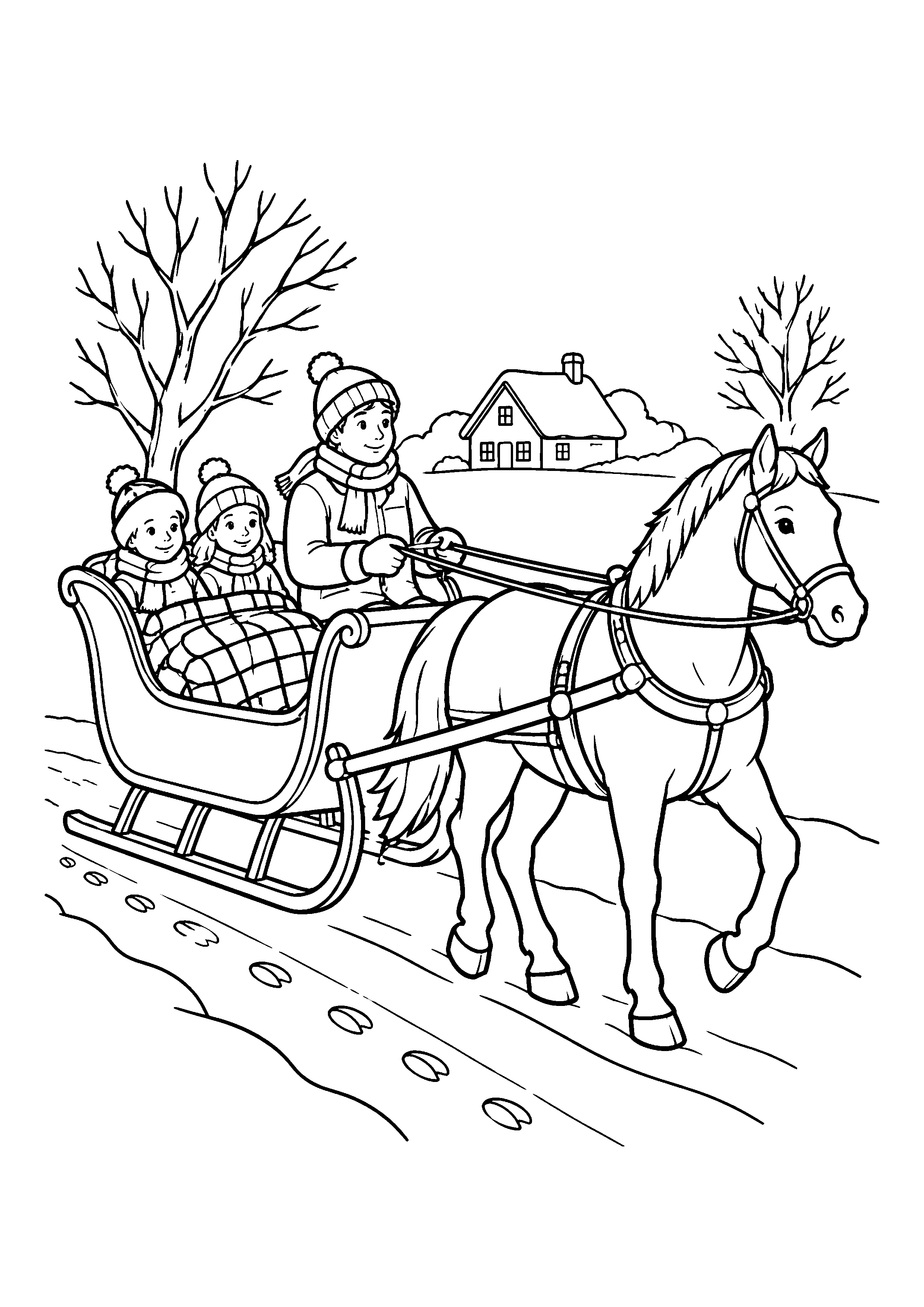 Horse-drawn sleigh with children coloring page, printable line art