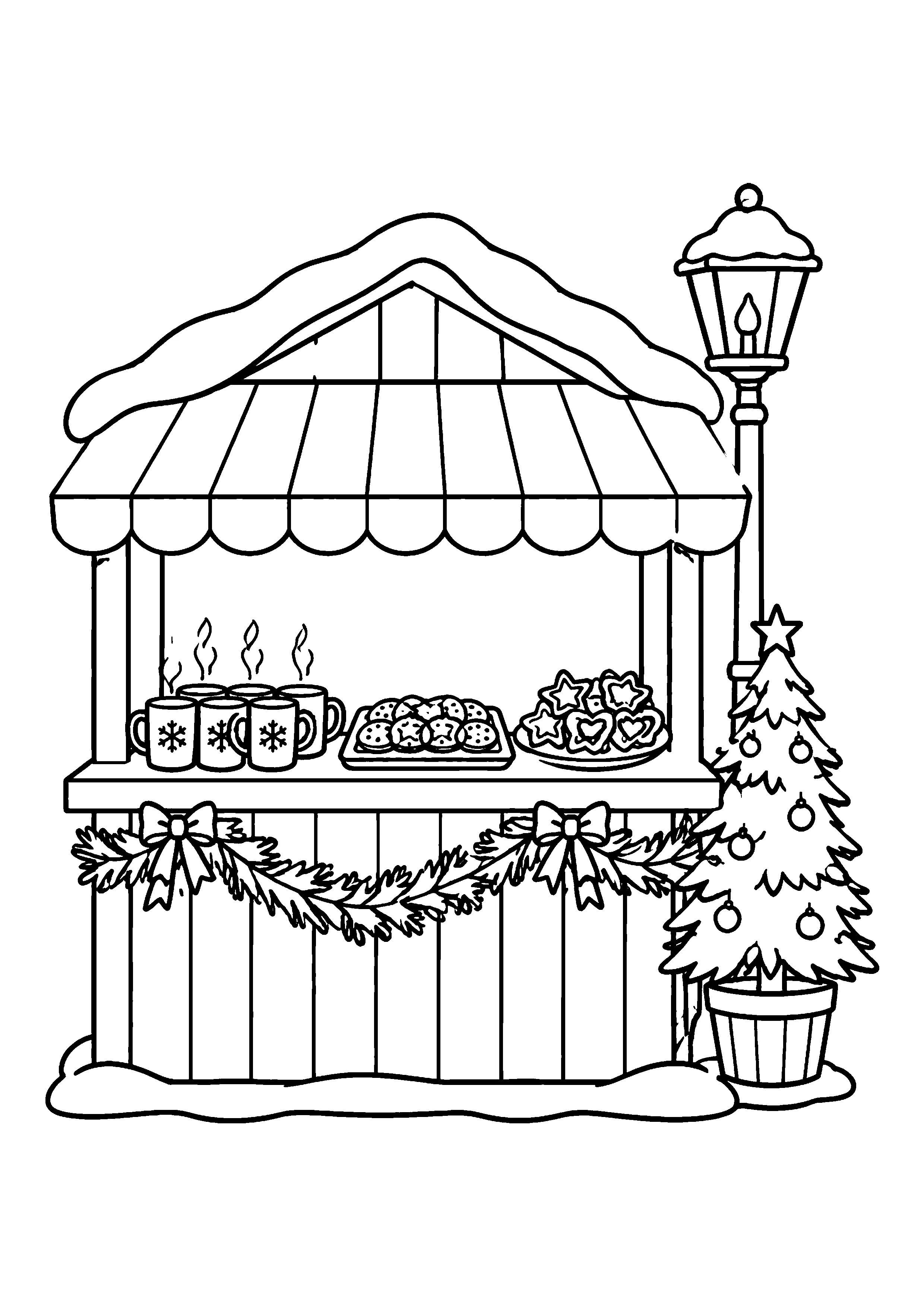 Christmas market stall with cookies coloring page, printable line art