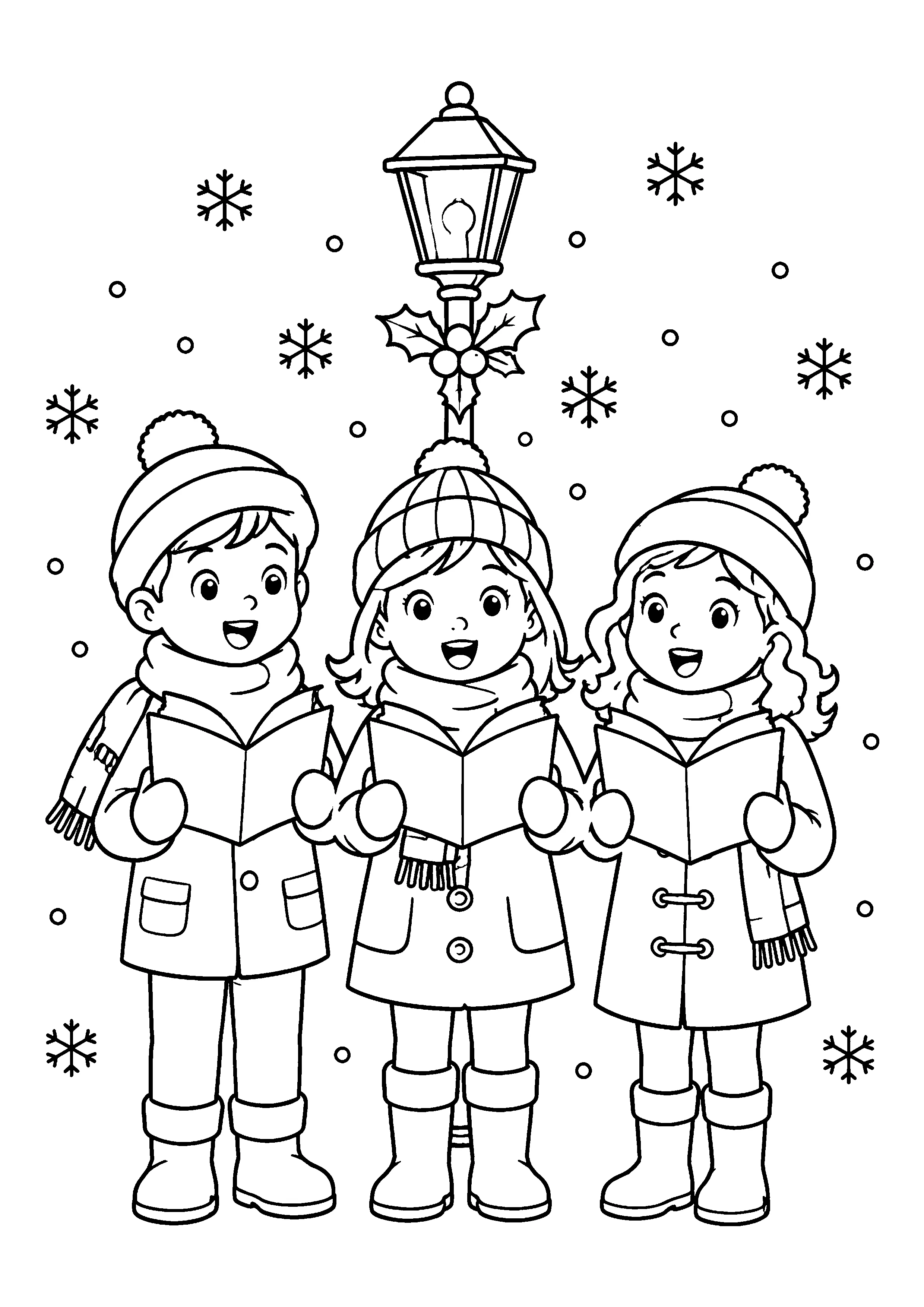 Three children singing carols coloring page, printable line art