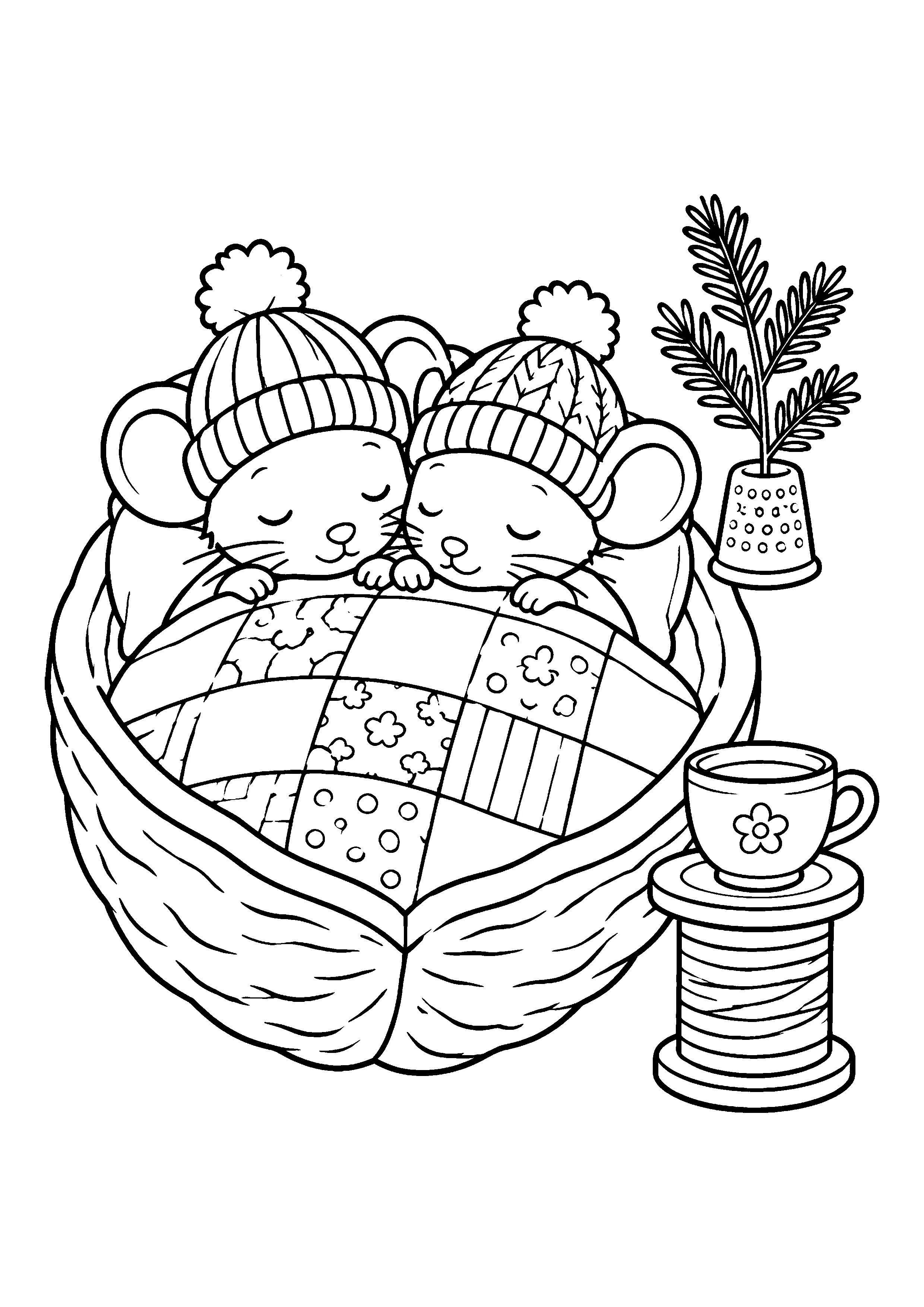 Two mice asleep in a walnut shell coloring page, printable line art