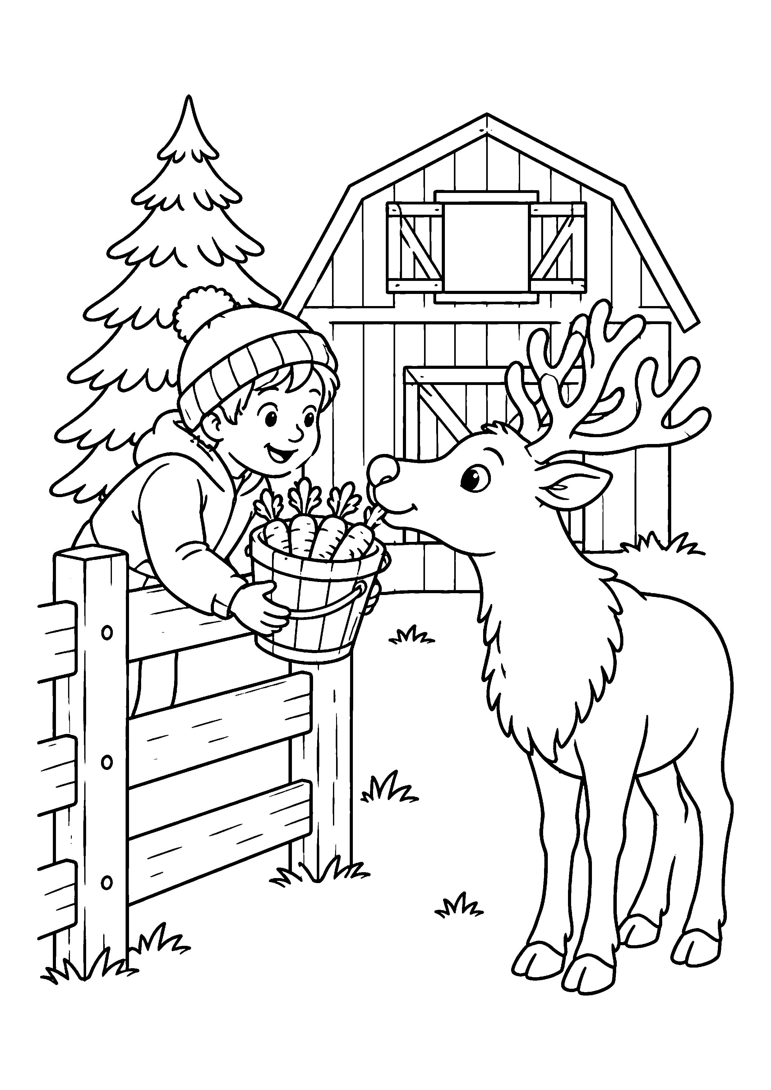 Child feeding reindeer carrots coloring page, printable line art