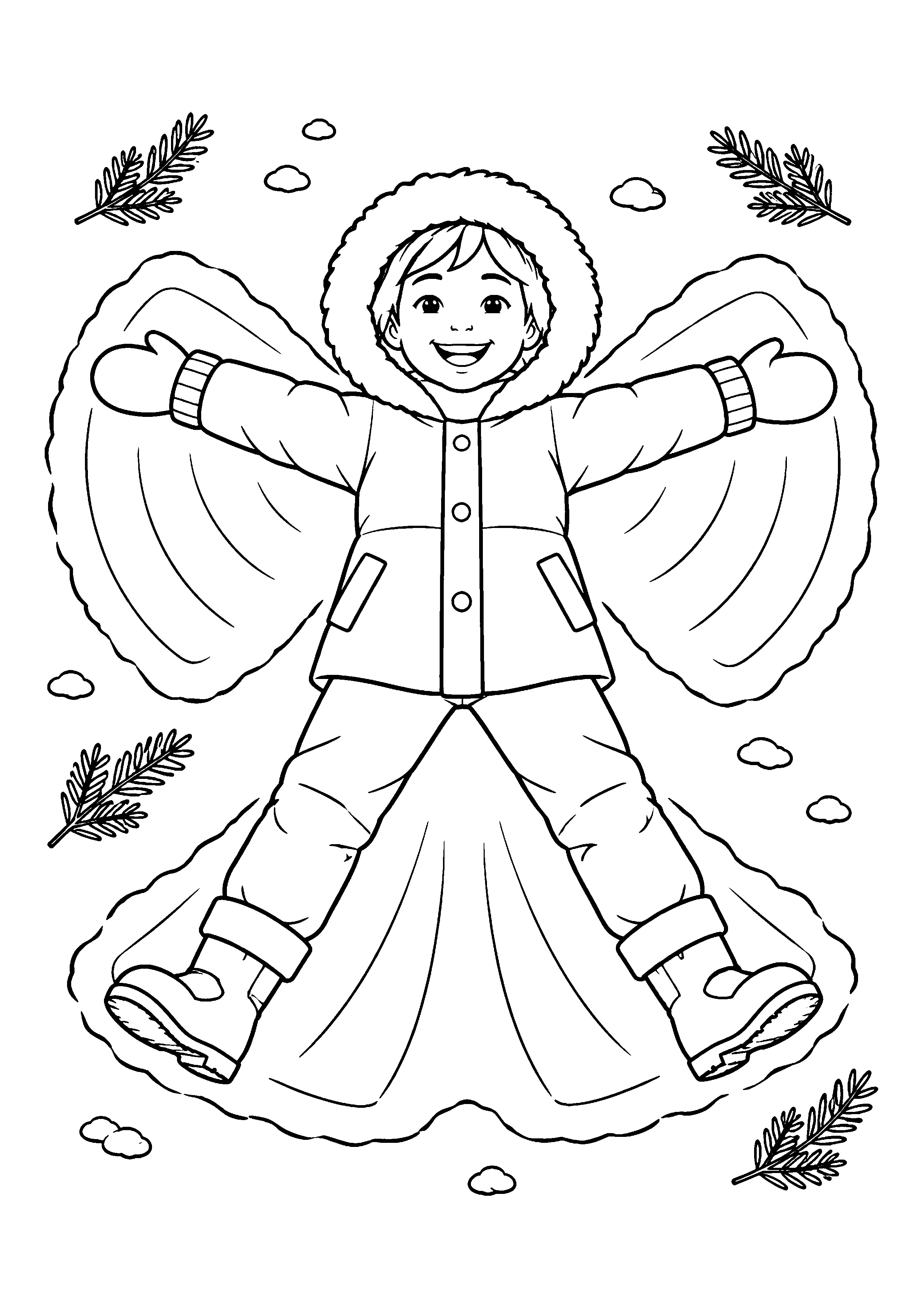 Child making snow angel coloring page, printable line art