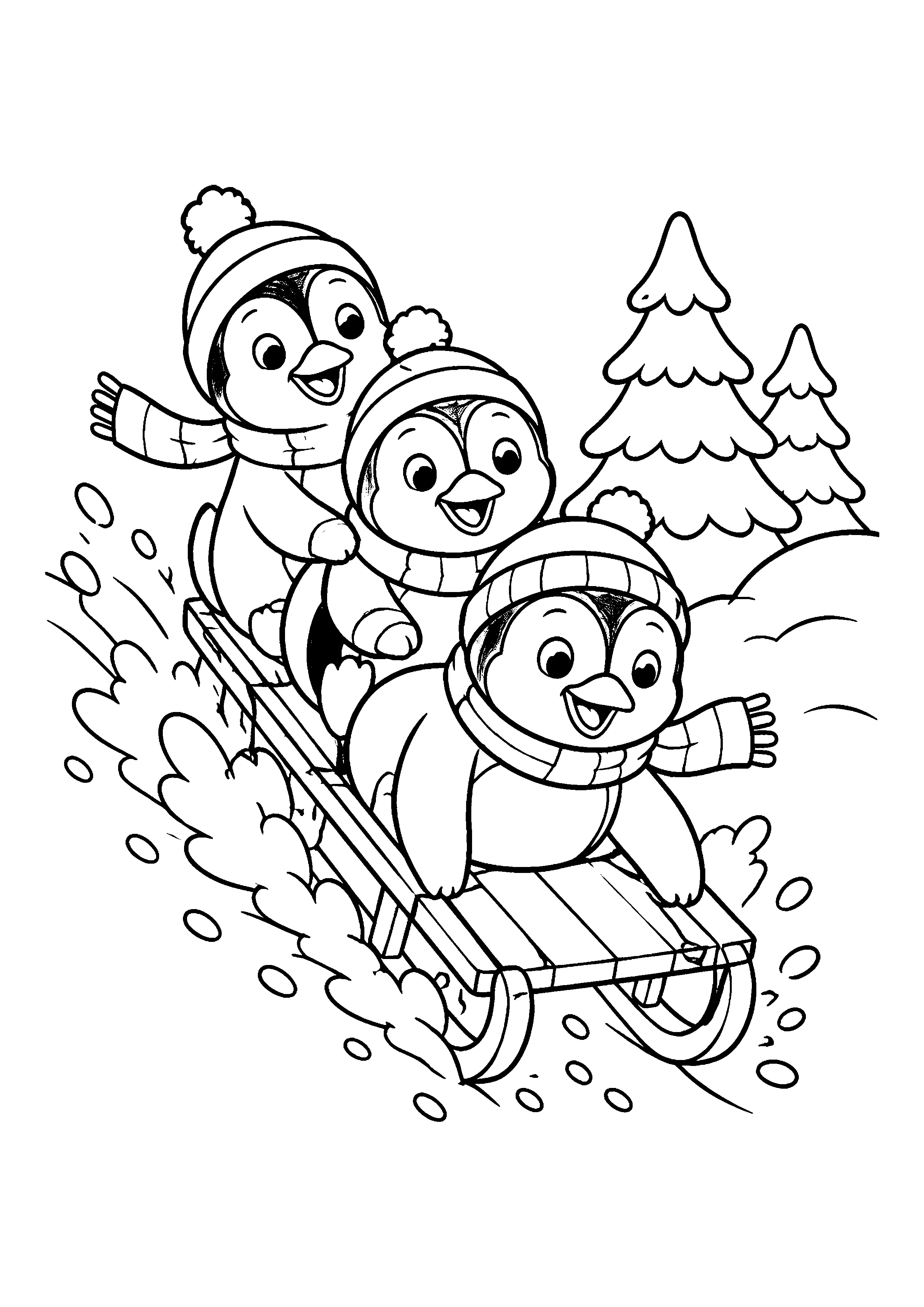 Penguins on a toboggan coloring page, printable line art