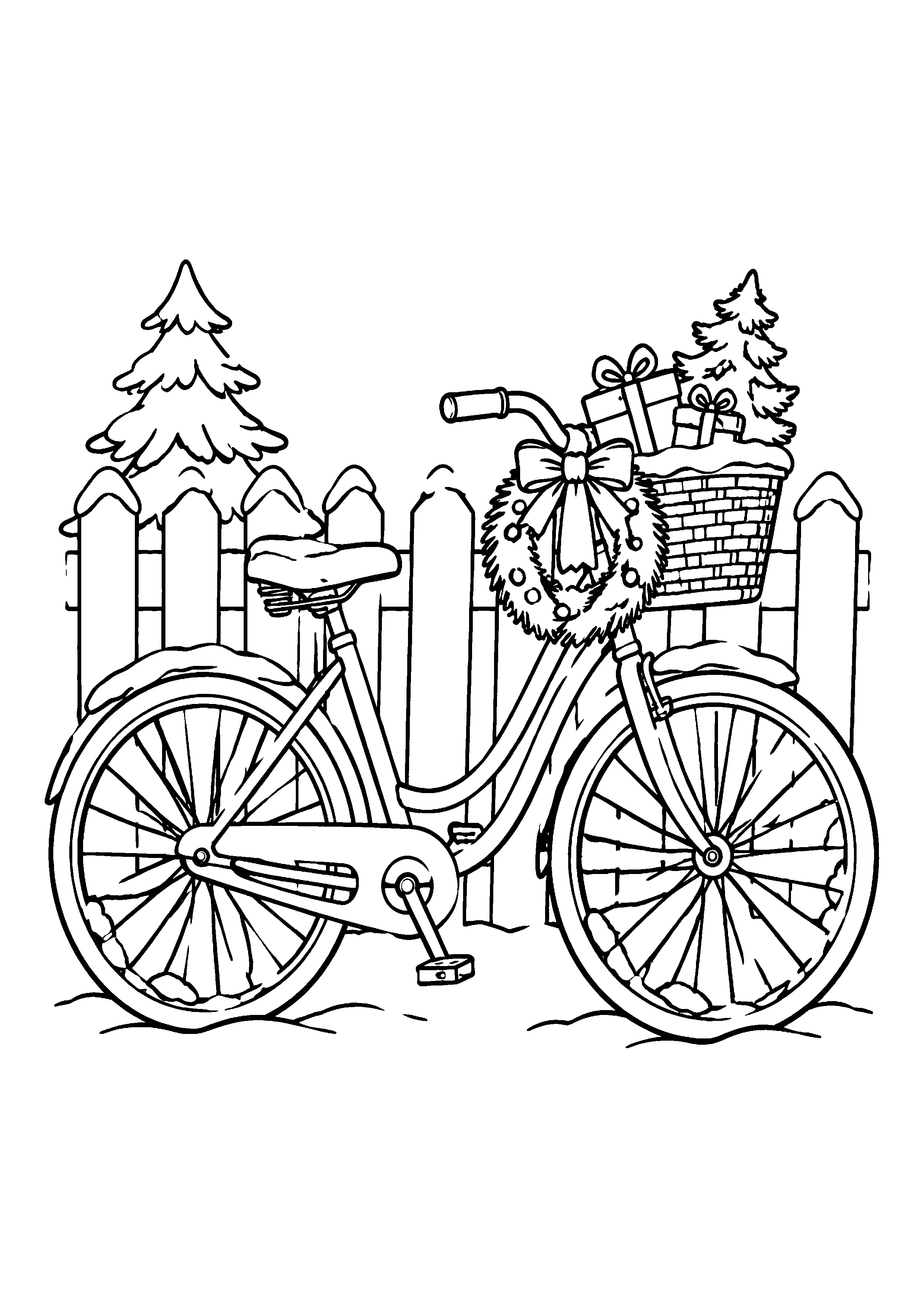 Christmas bicycle with gifts coloring page, printable line art