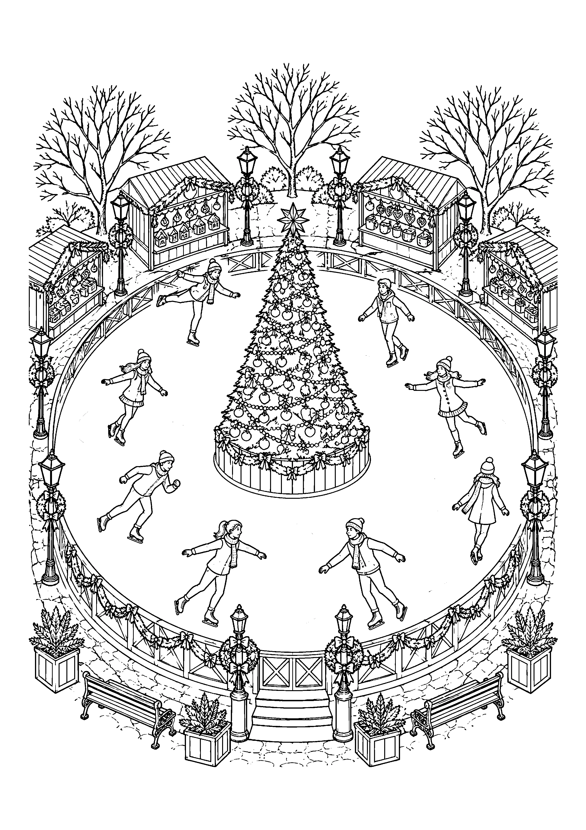 Christmas market ice rink coloring page, printable line art