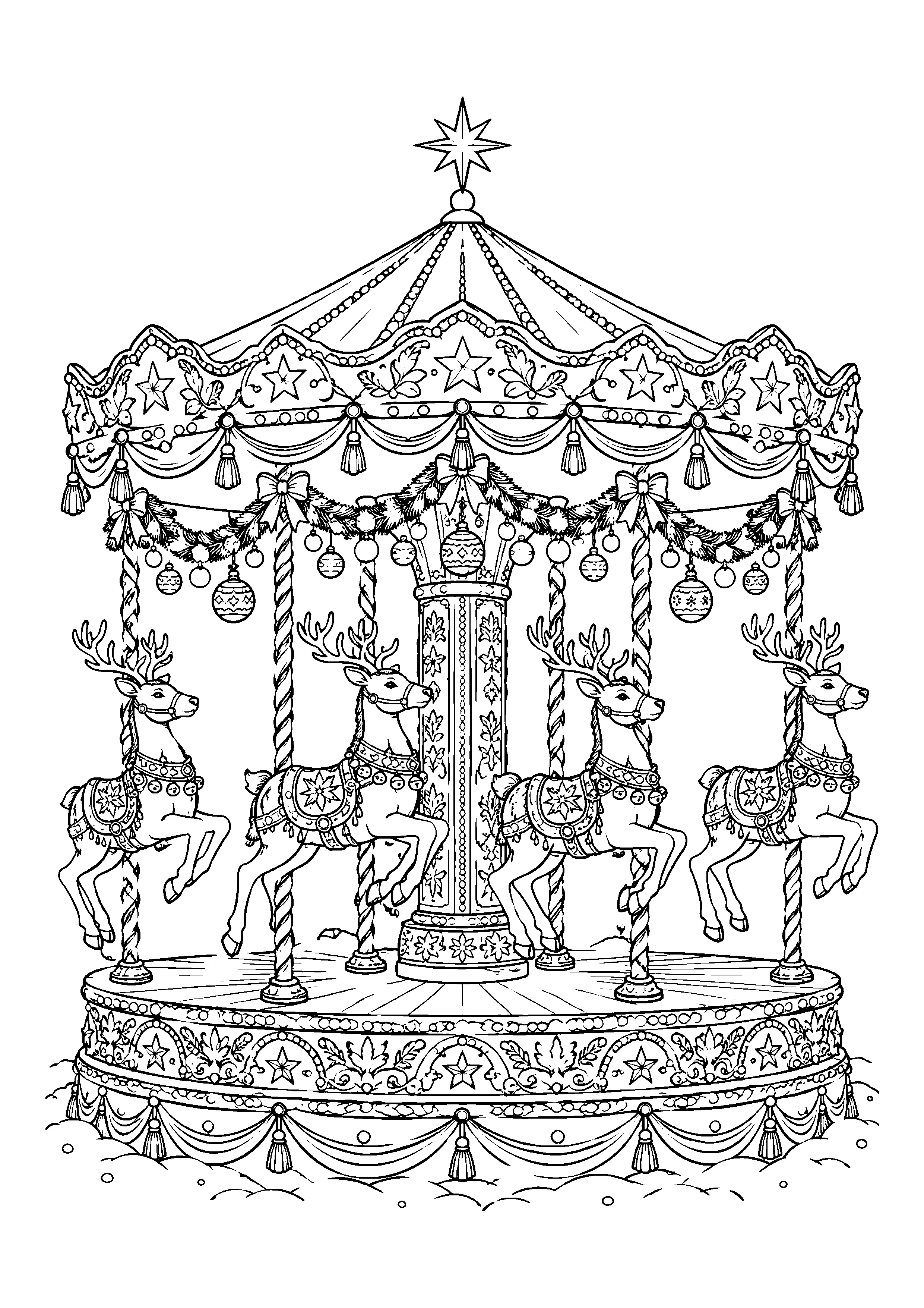 Carousel with four reindeer coloring page, printable line art