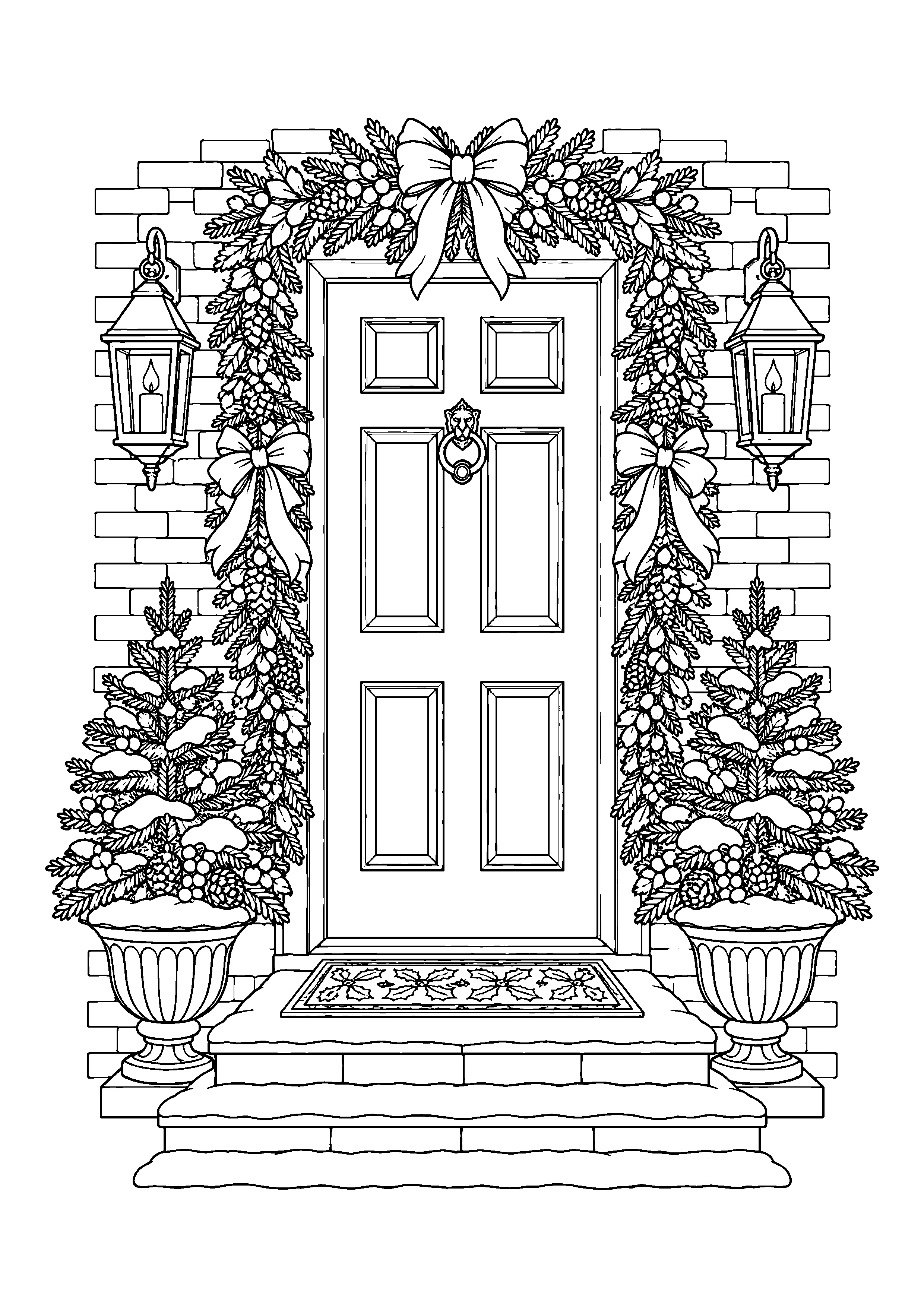 Christmas door with garland coloring page, printable line art