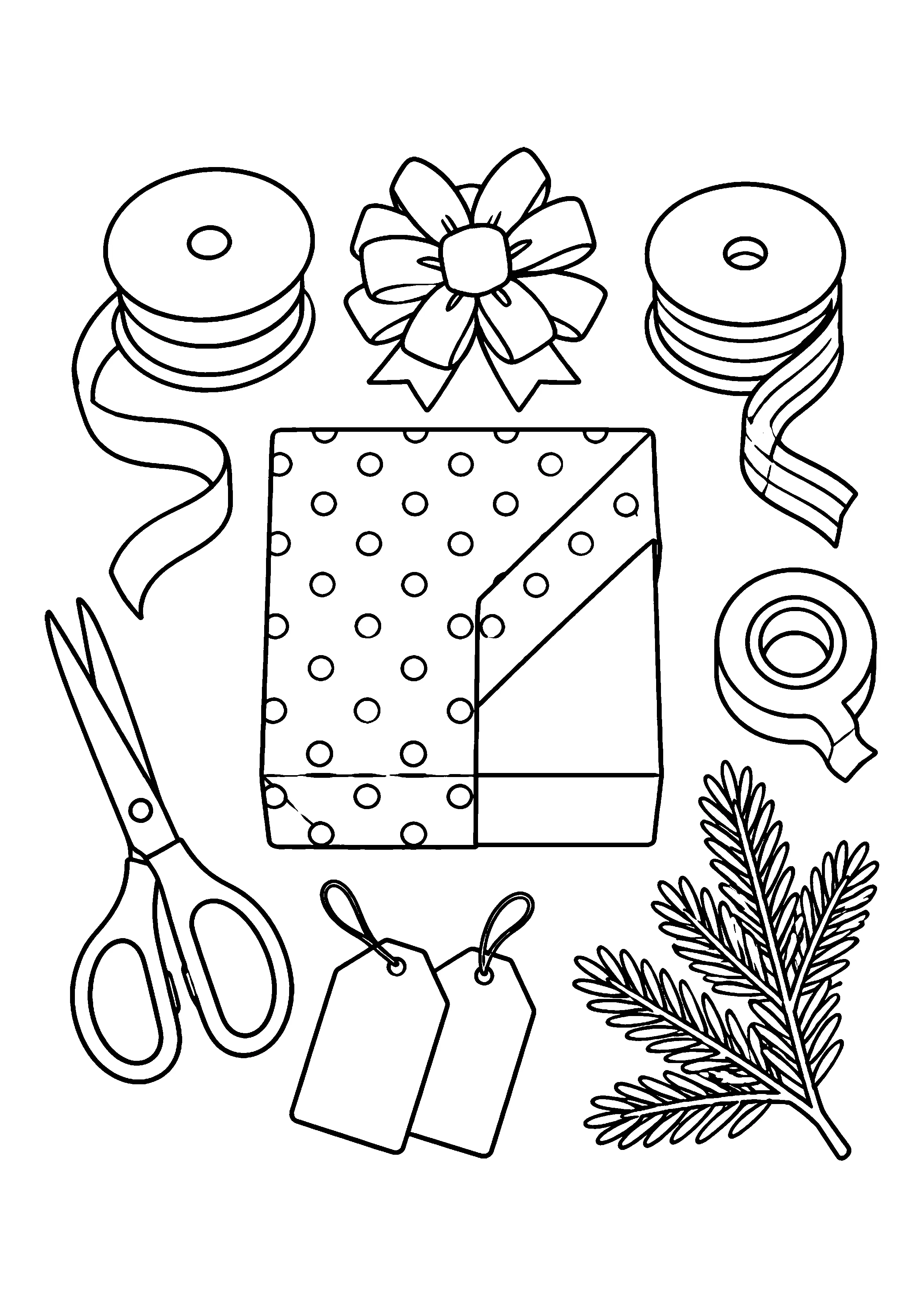 Gift wrapping station flat lay coloring page, printable line art