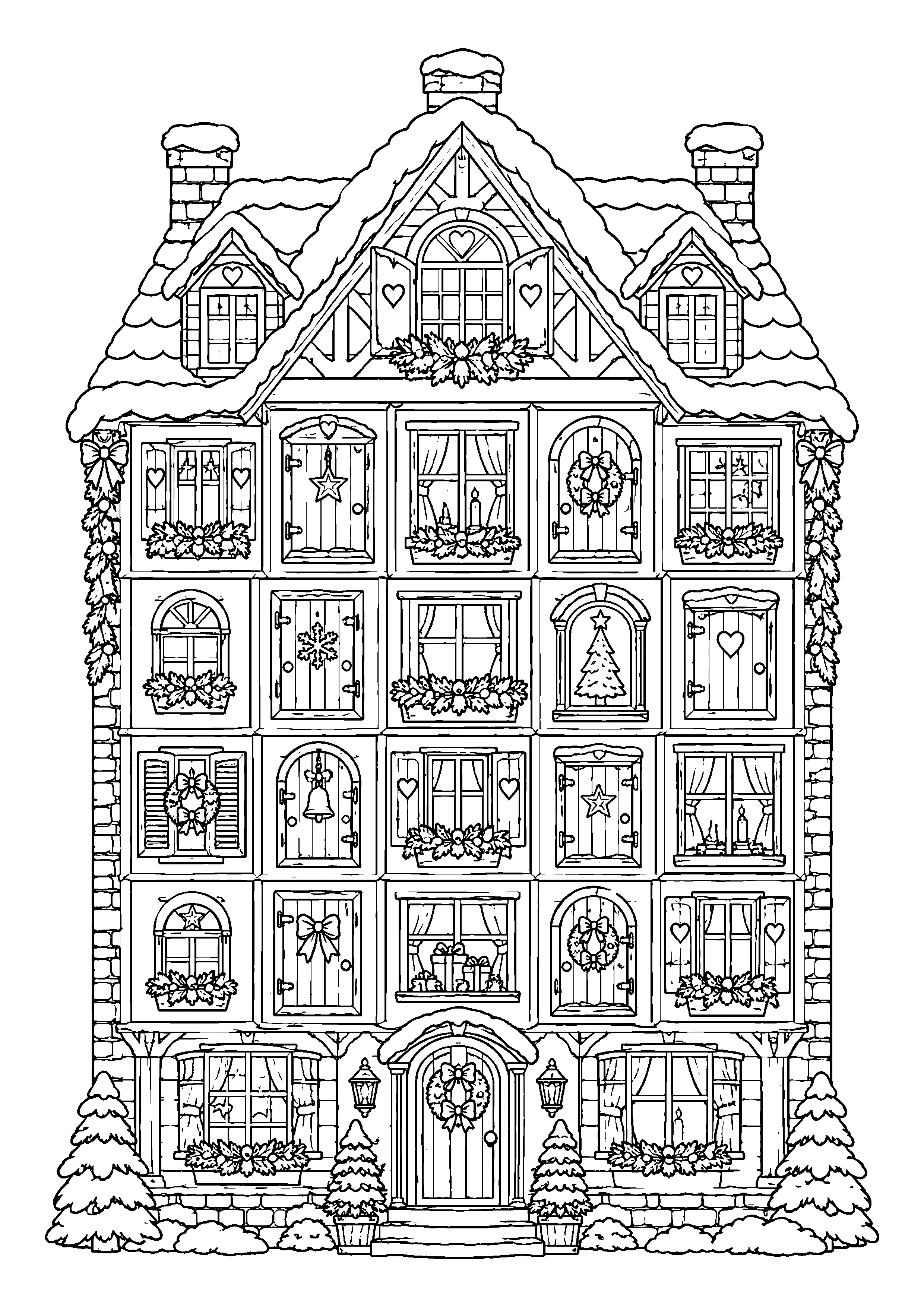 Advent calendar house facade coloring page, printable line art