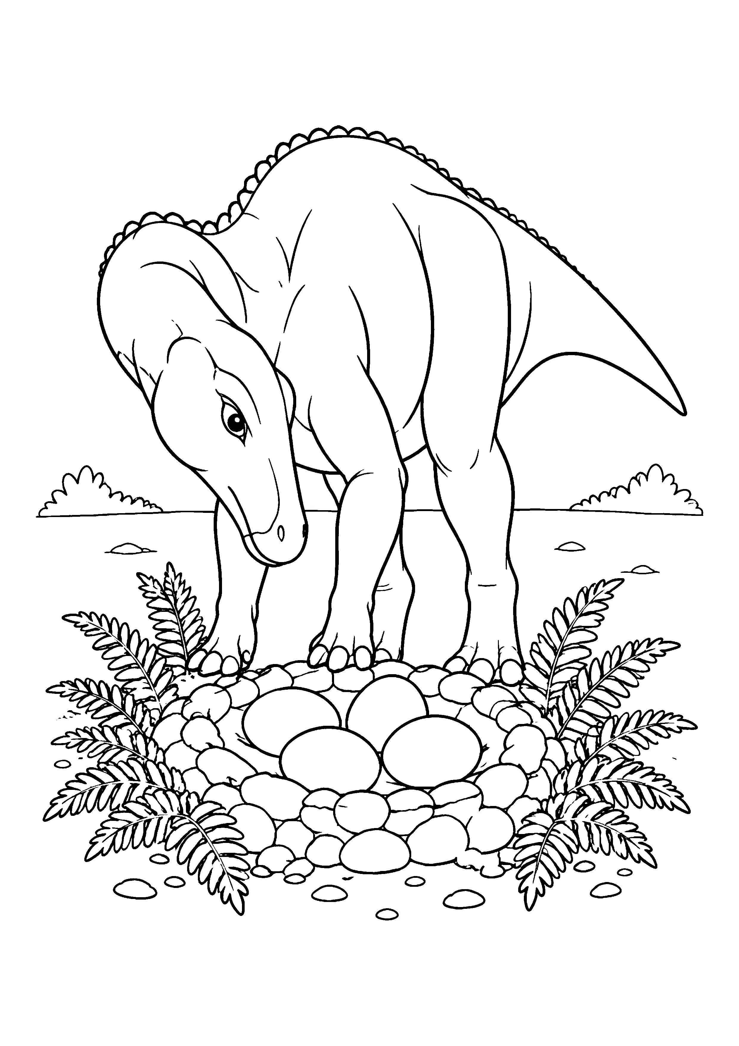 Maiasaura beside egg nest coloring page, printable line art