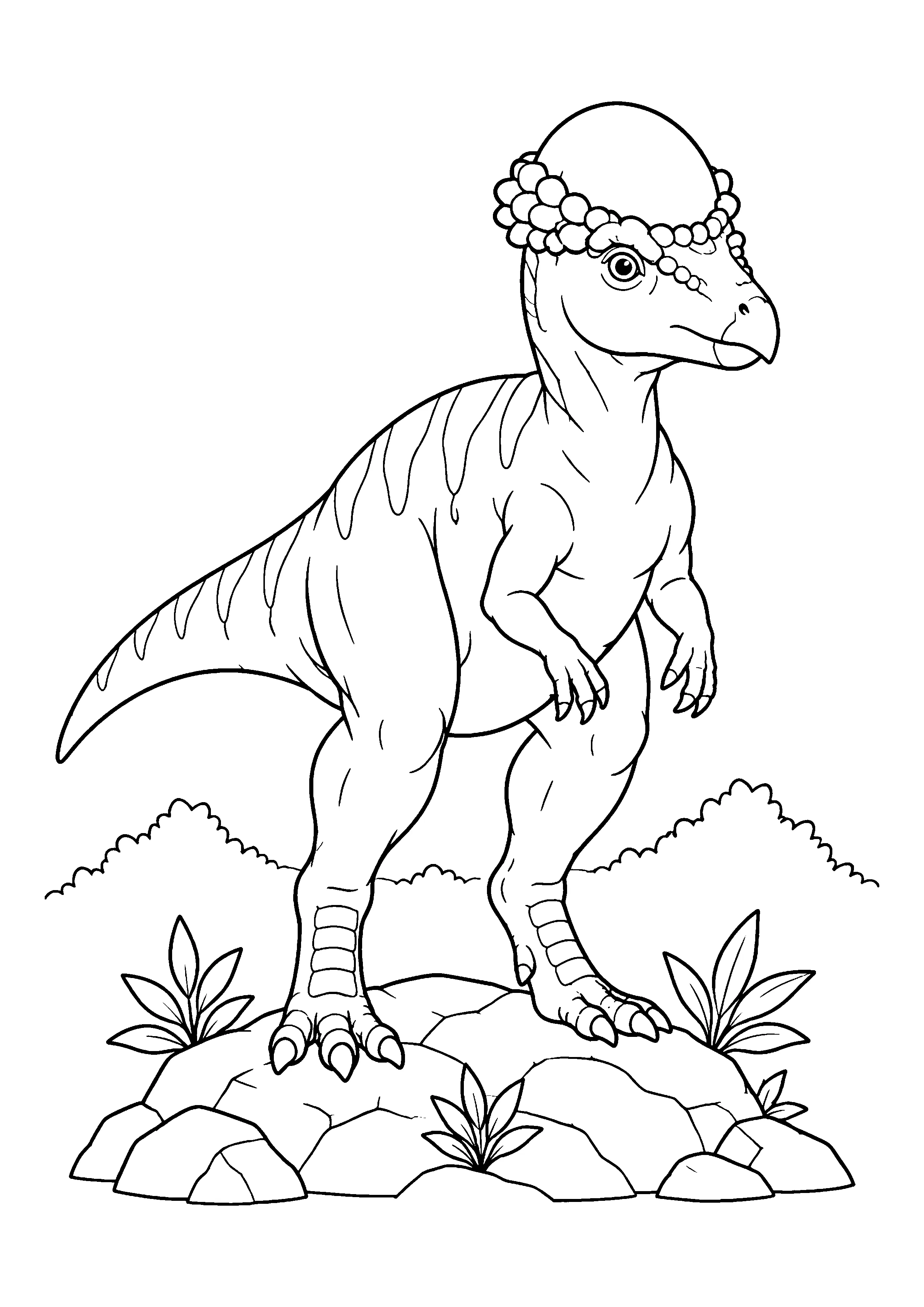 Pachycephalosaurus on rocky mound coloring page, printable line art