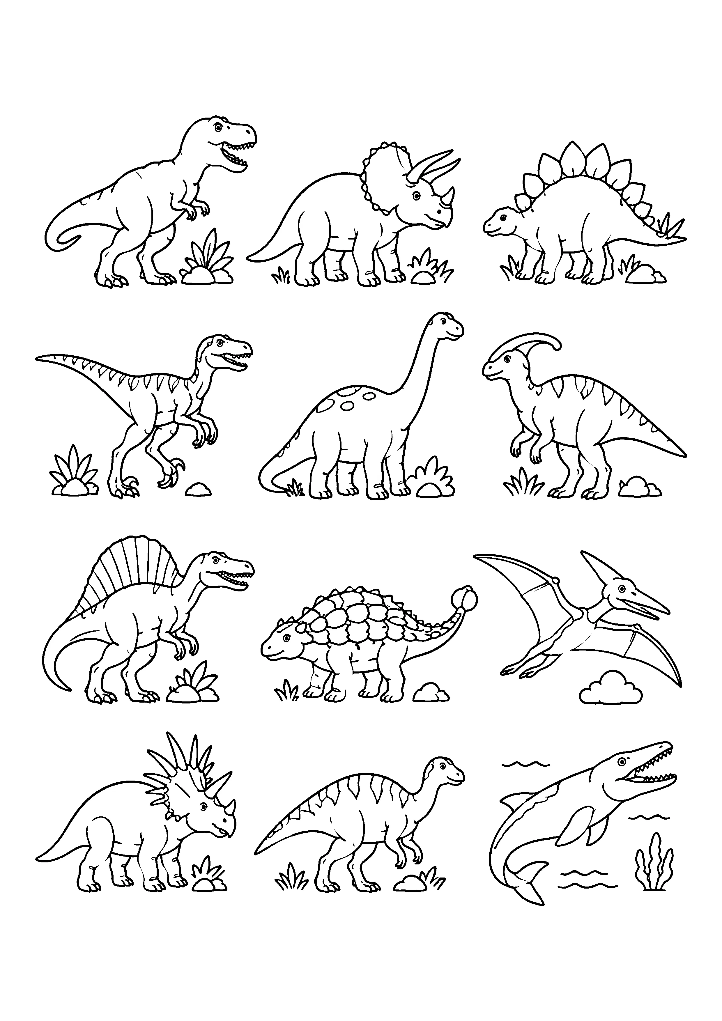 Twelve dinosaurs grid coloring page, printable line art