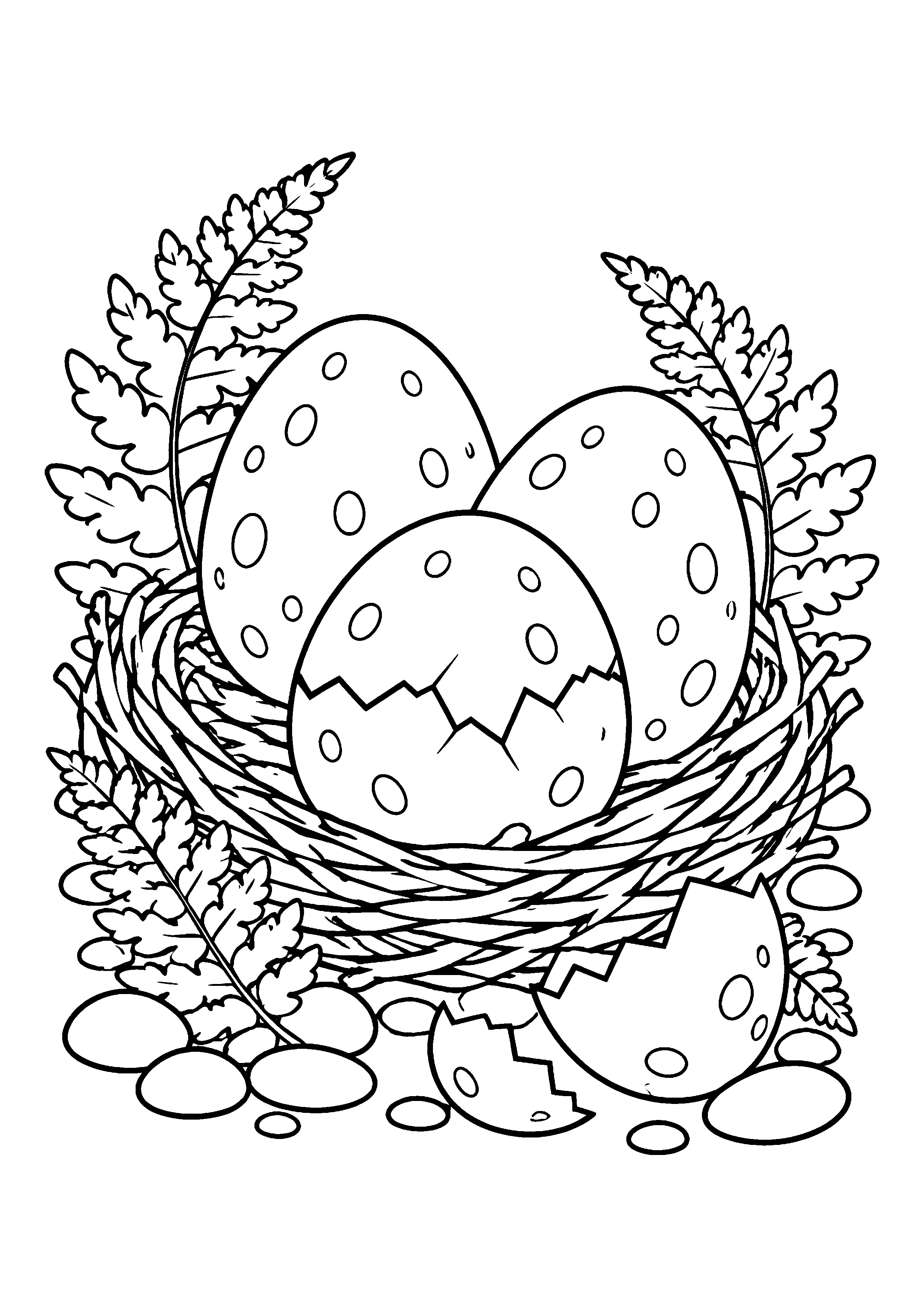 Dinosaur egg nest with cracked shell coloring page, printable line art