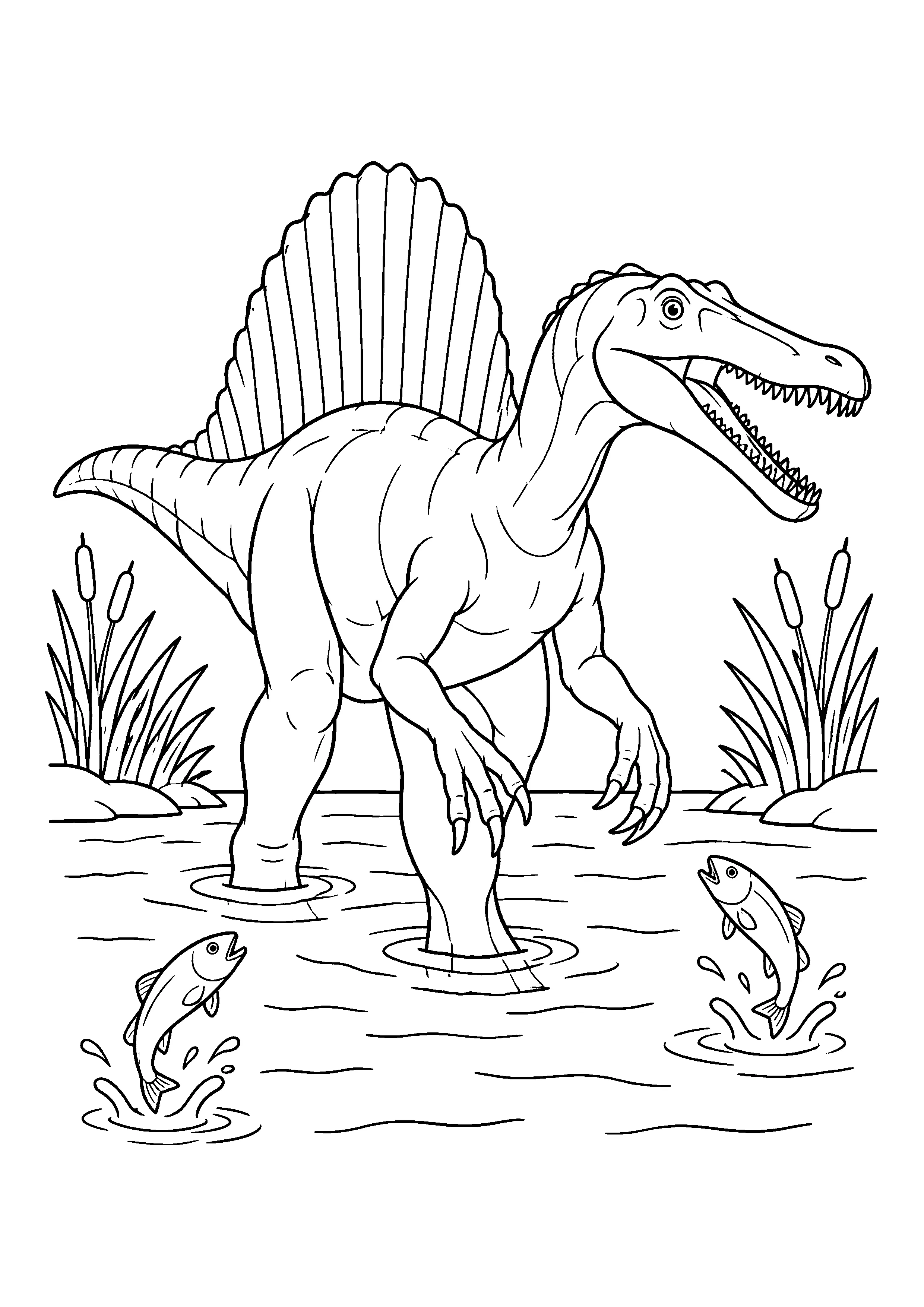 Spinosaurus in shallow river coloring page, printable line art