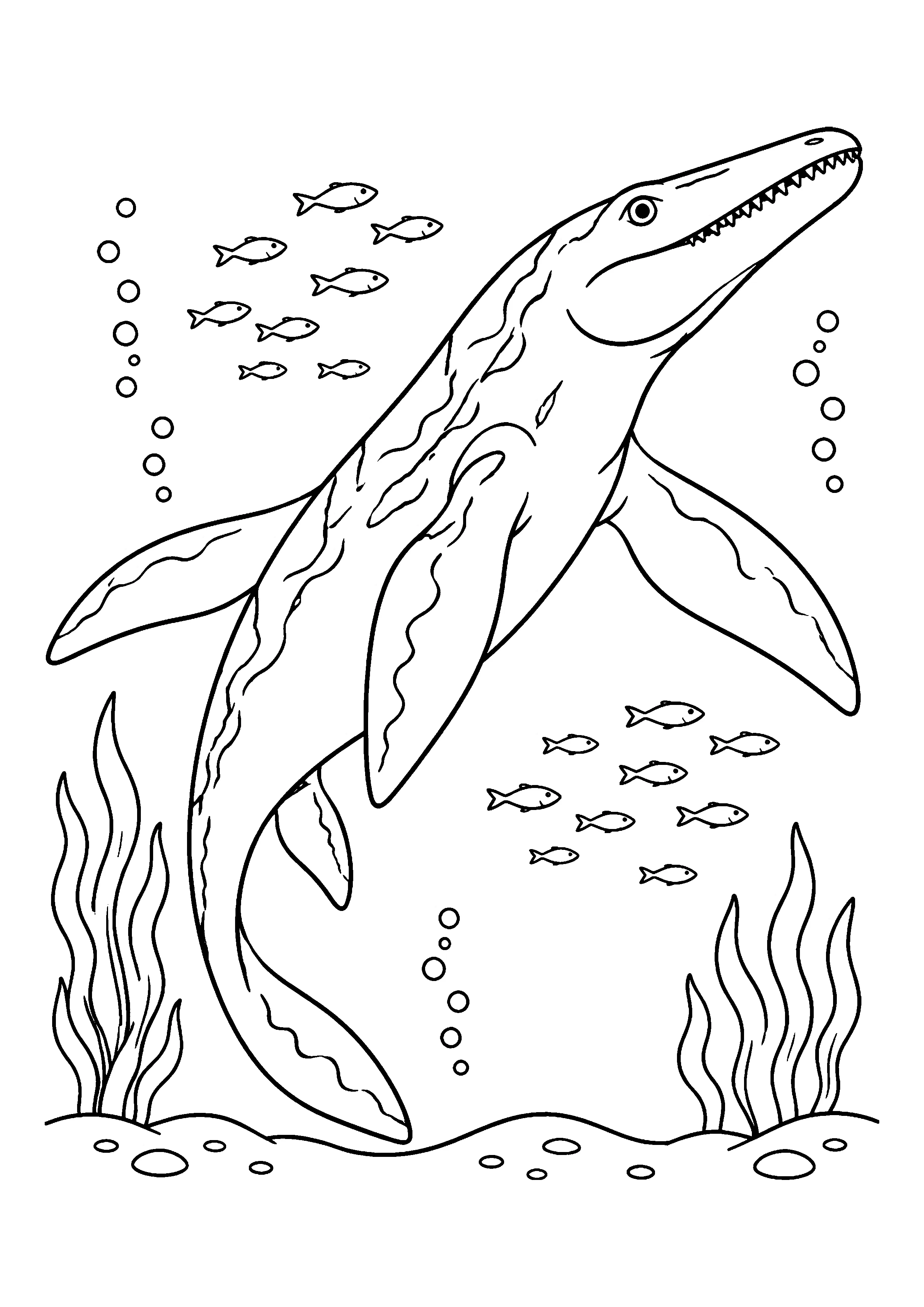 Mosasaurus swimming underwater coloring page, printable line art