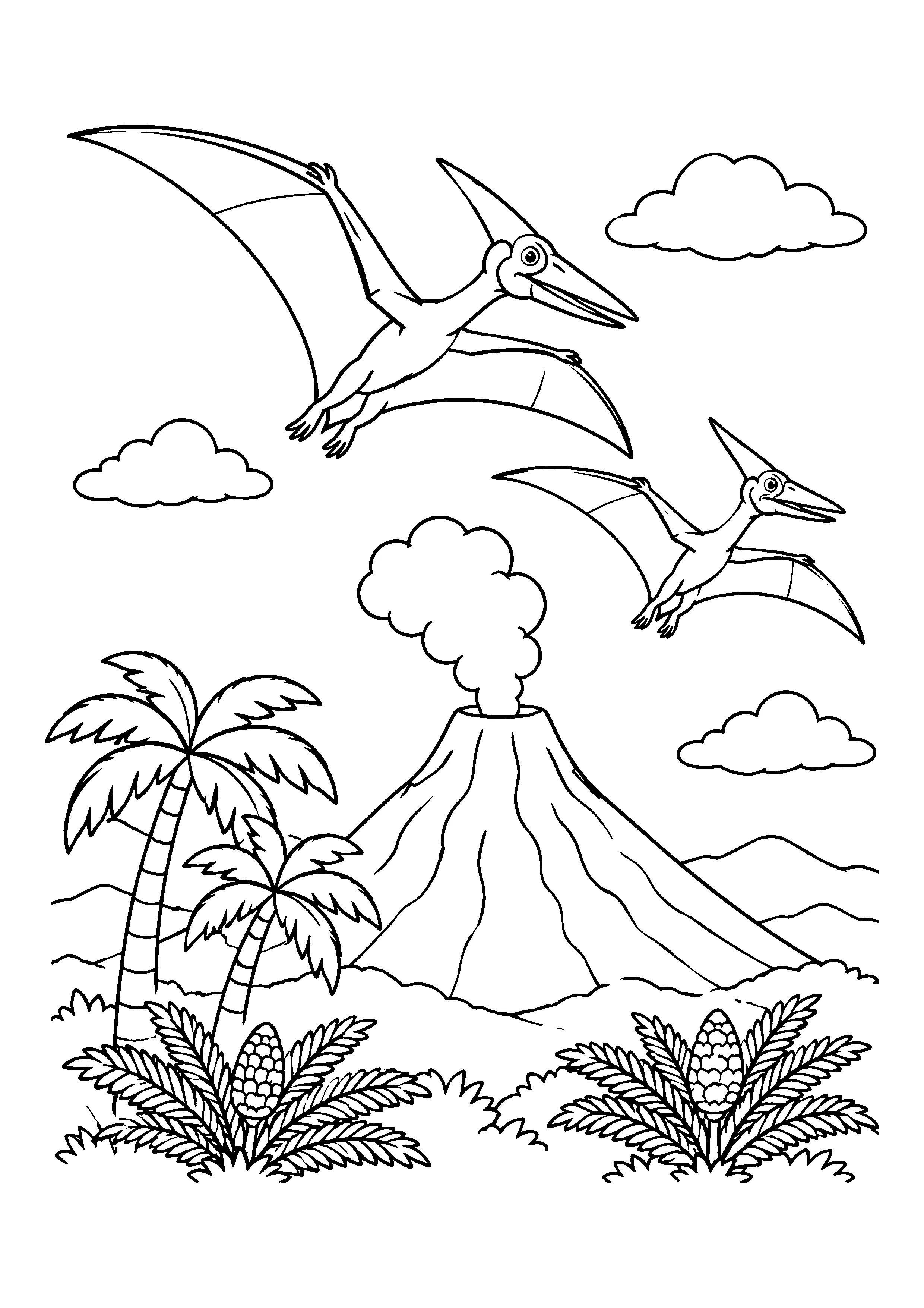 Two pteranodons over volcano coloring page, printable line art
