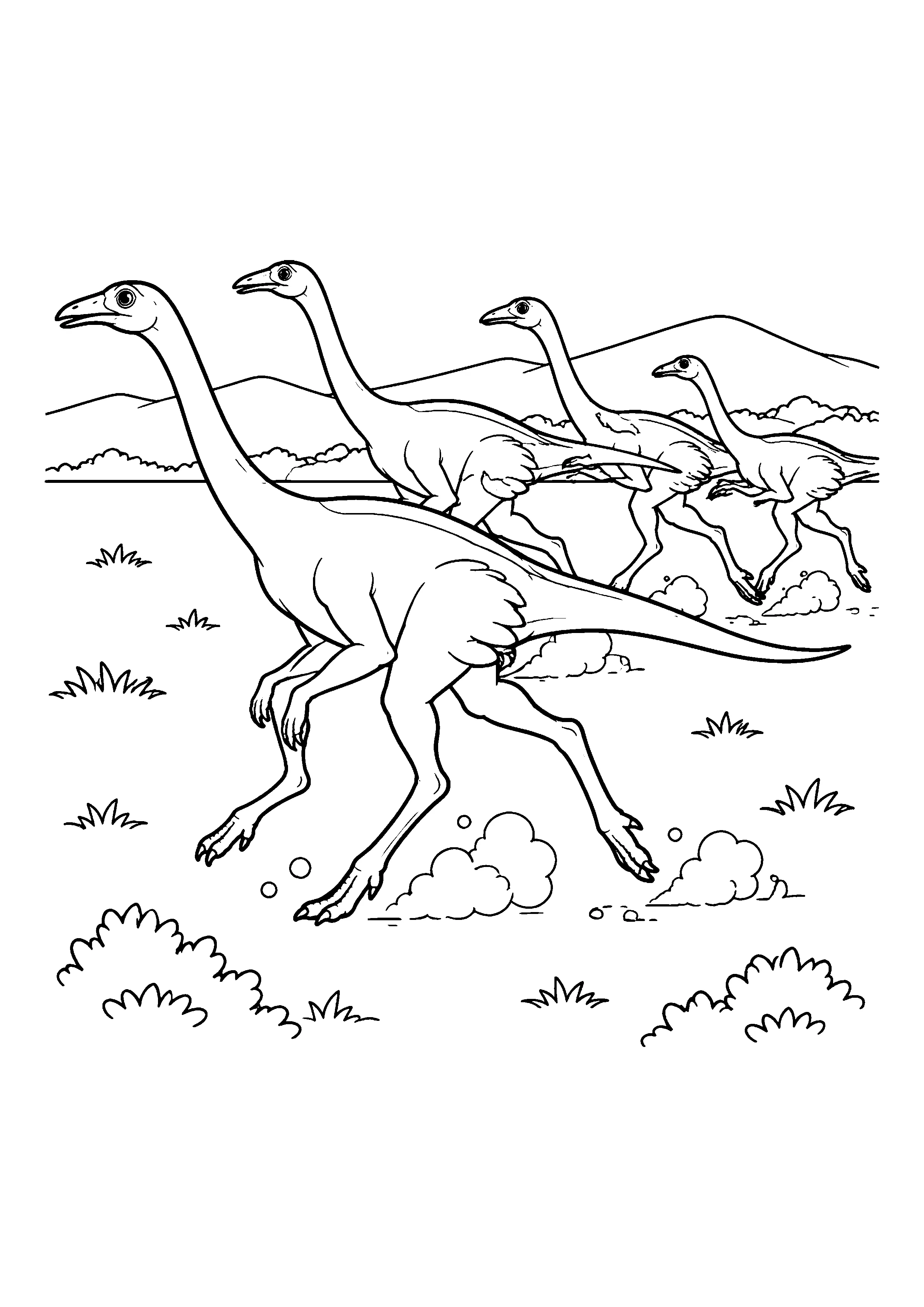 Gallimimus herd running coloring page, printable line art