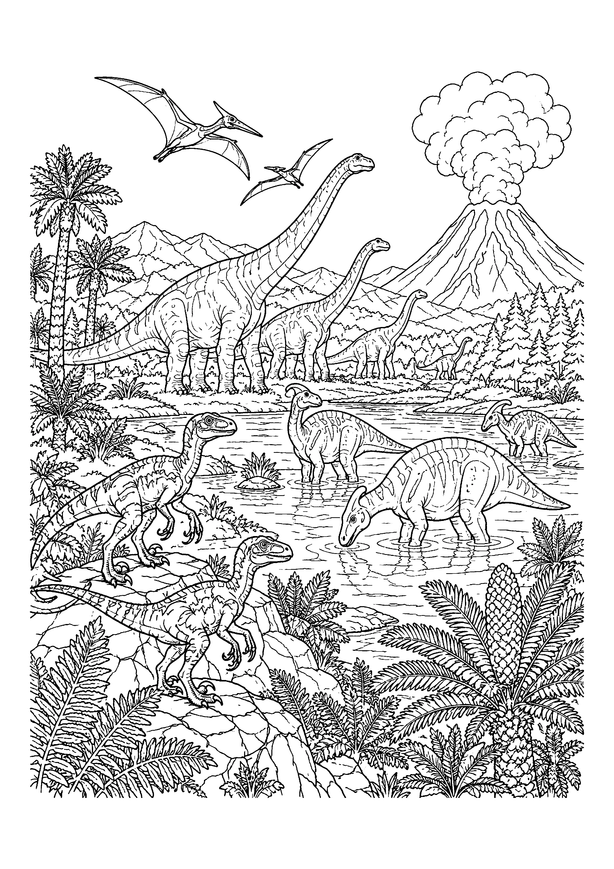 Dinosaur lake panorama coloring page, printable line art