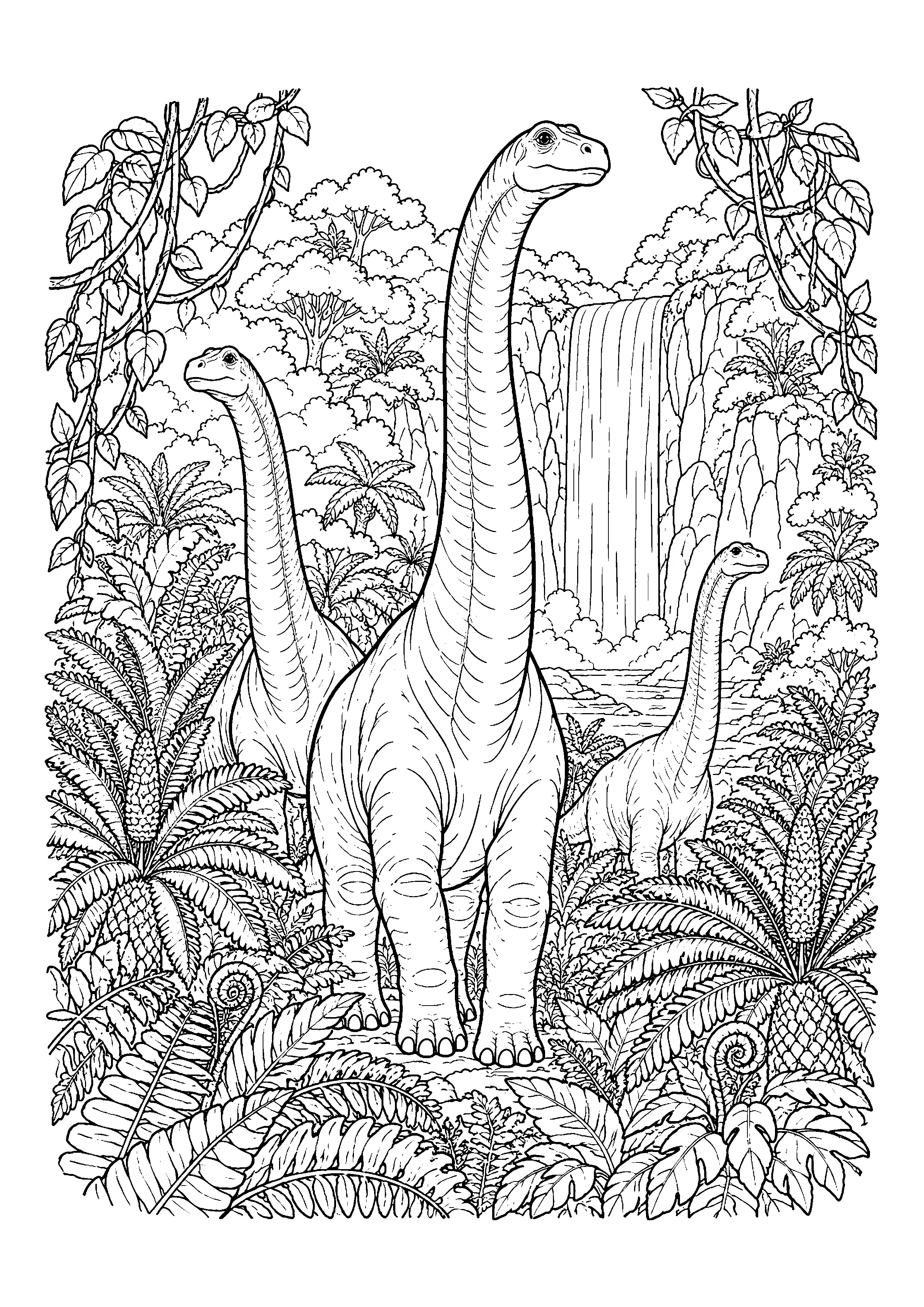 Jungle brachiosaurus herd coloring page, printable line art