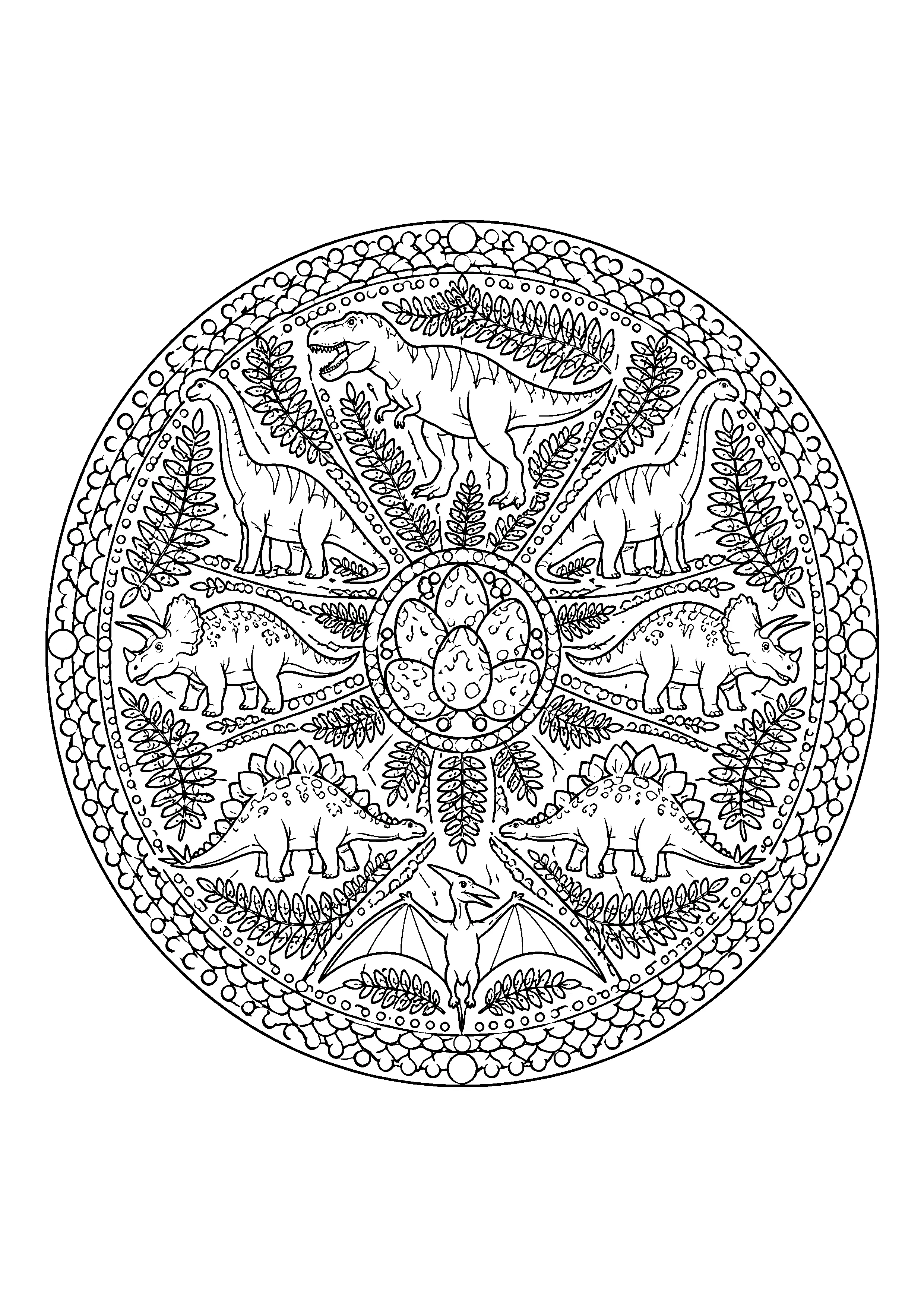Circular dinosaur mandala coloring page, printable line art