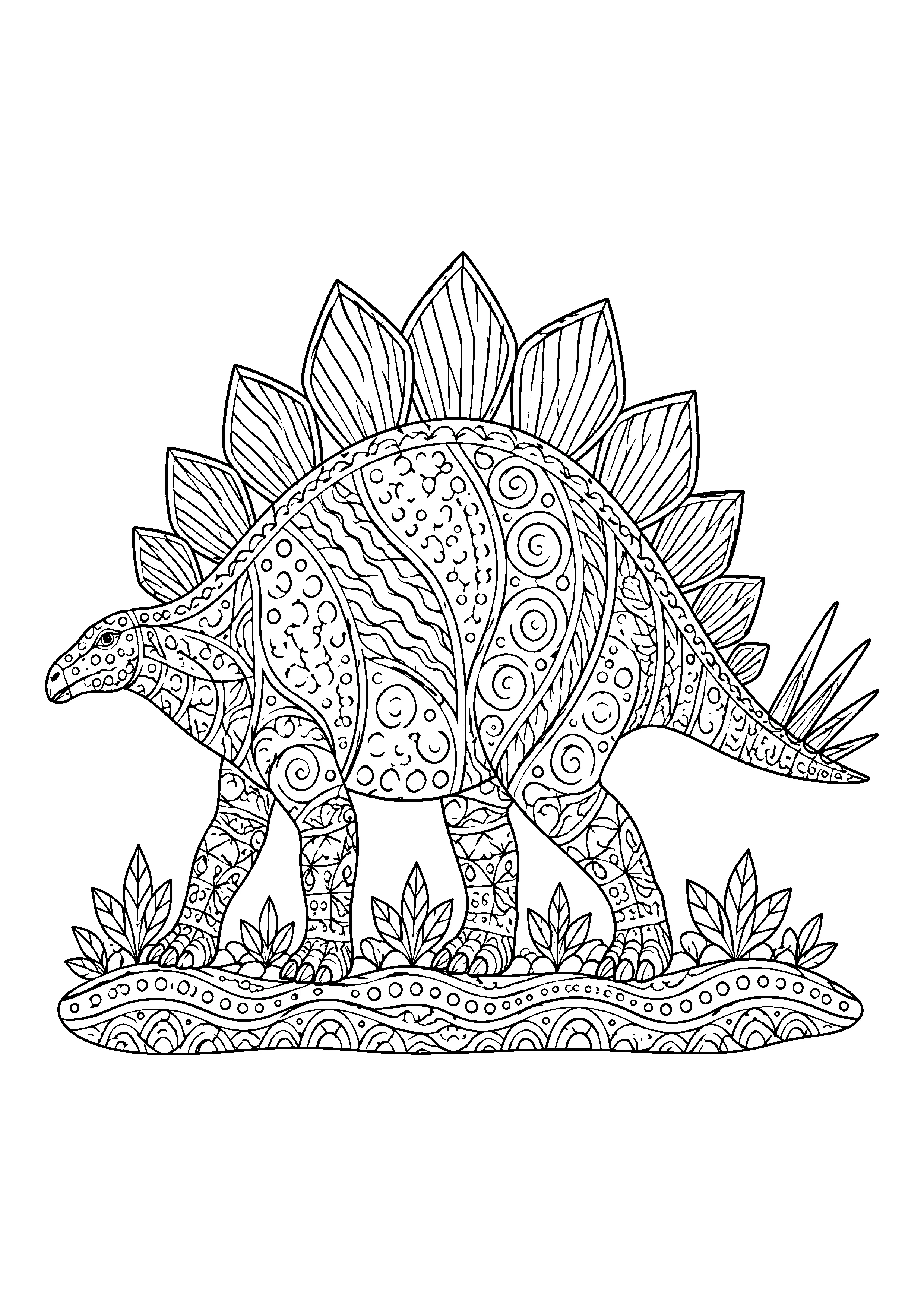 Stegosaurus with ornamental patterns coloring page, printable line art