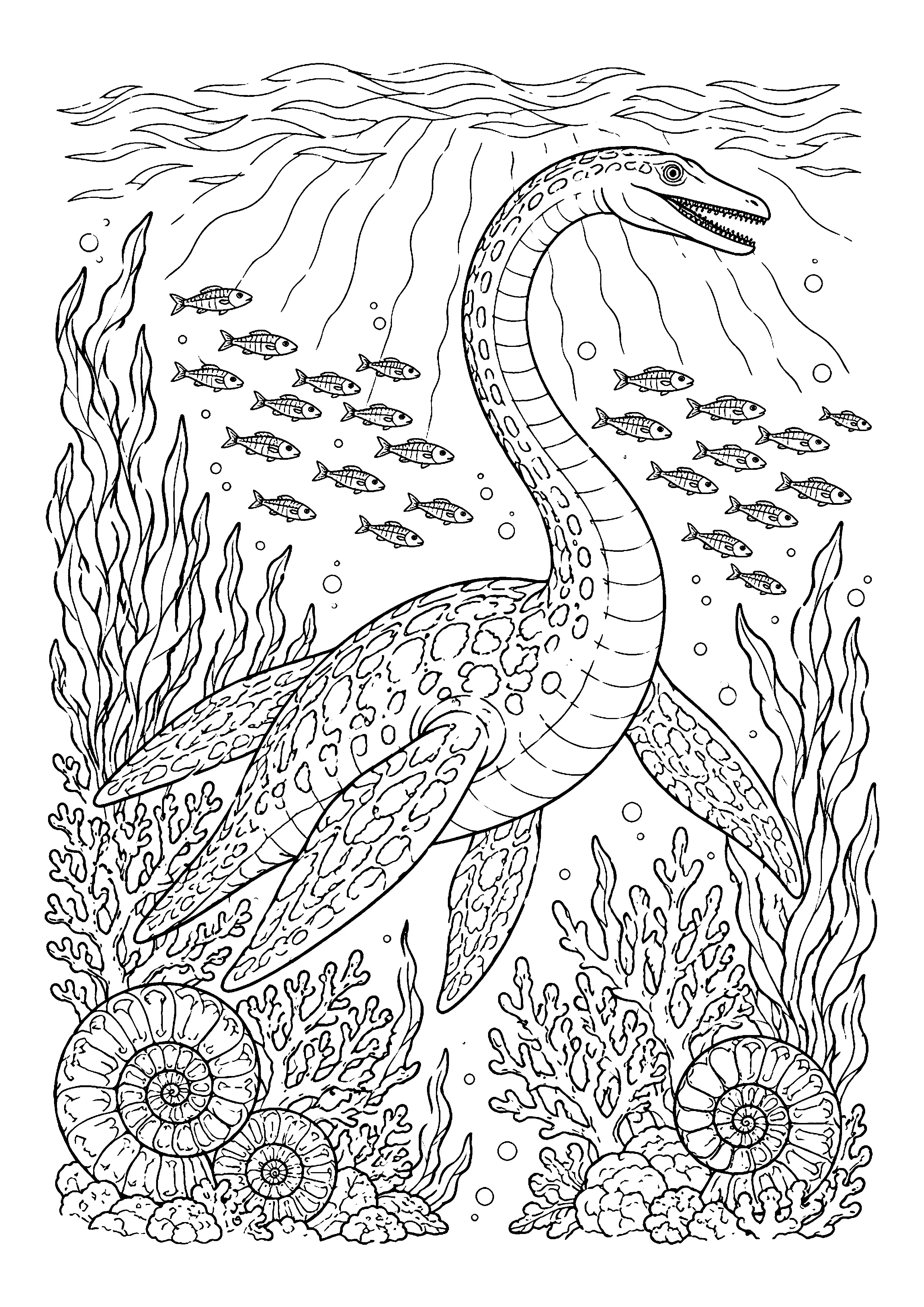 Plesiosaurus in underwater reef coloring page, printable line art