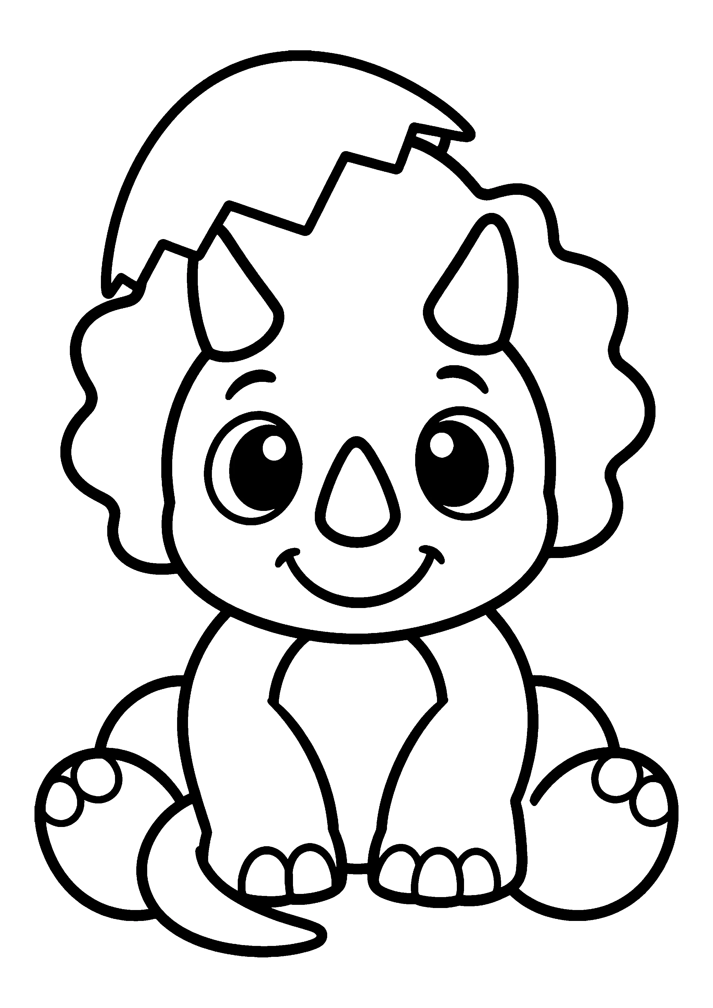 Triceratops hatchling with eggshell cap coloring page, printable line art