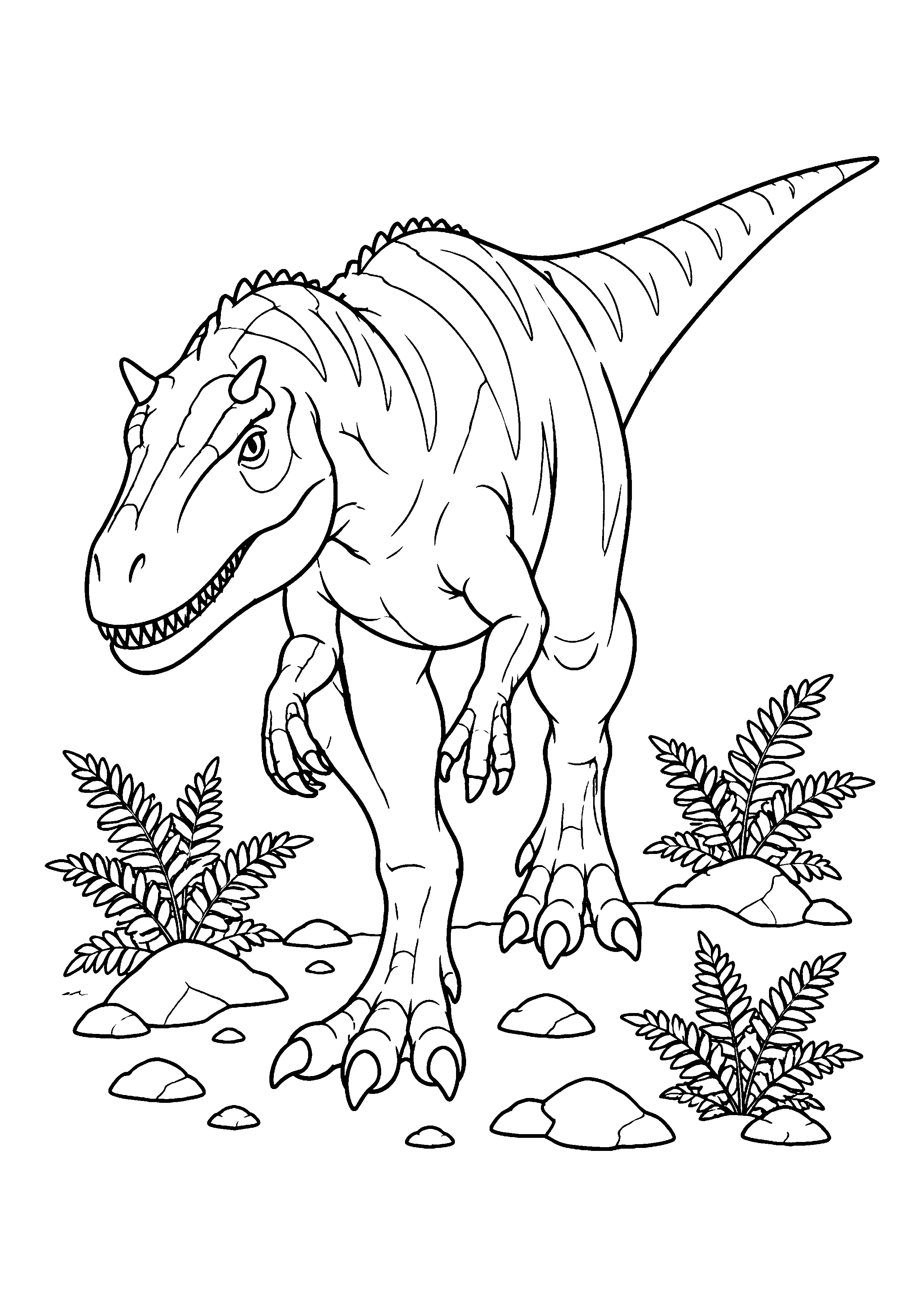 Allosaurus walking toward the viewer coloring page, printable line art