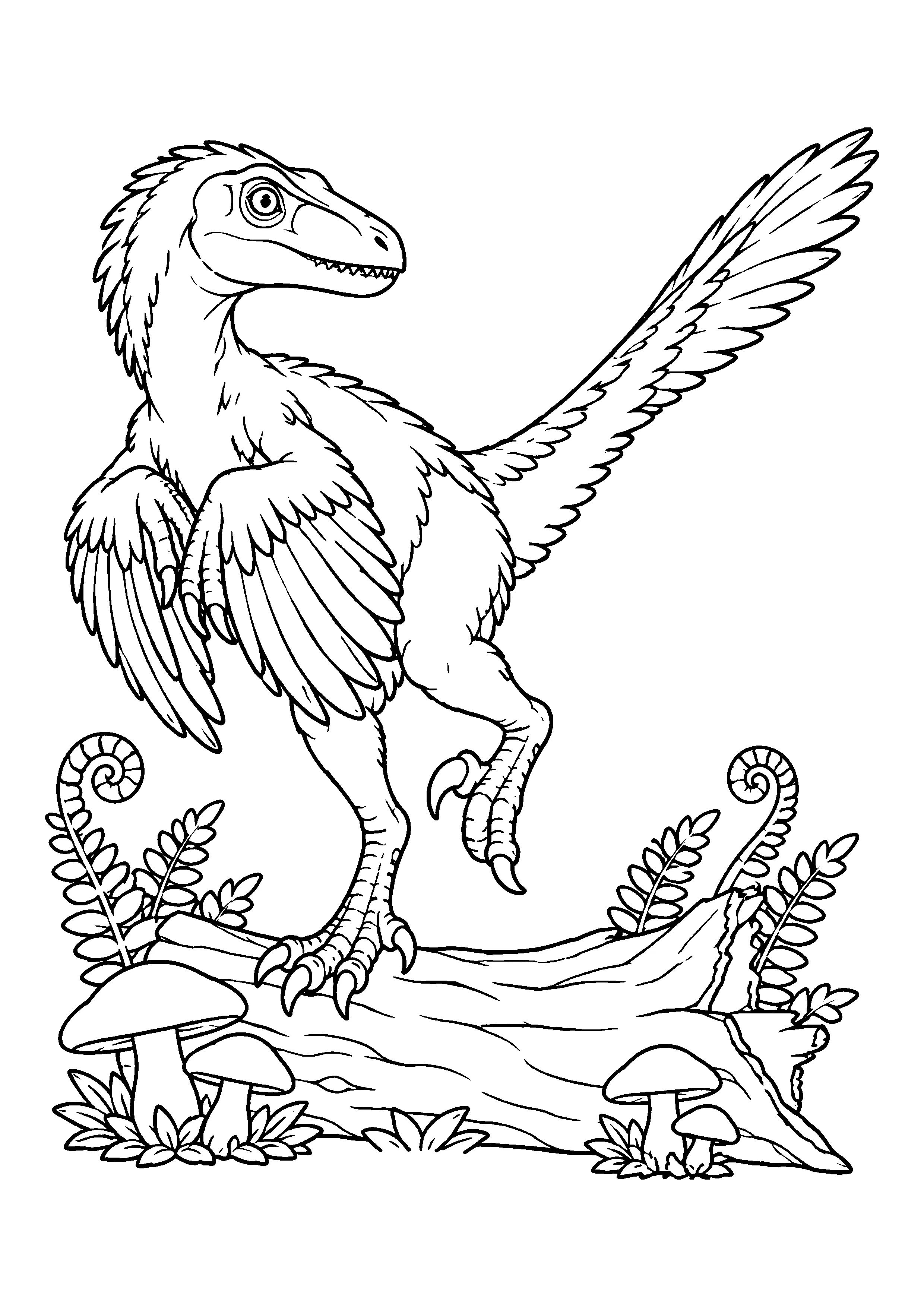 Deinonychus on fallen log coloring page, printable line art